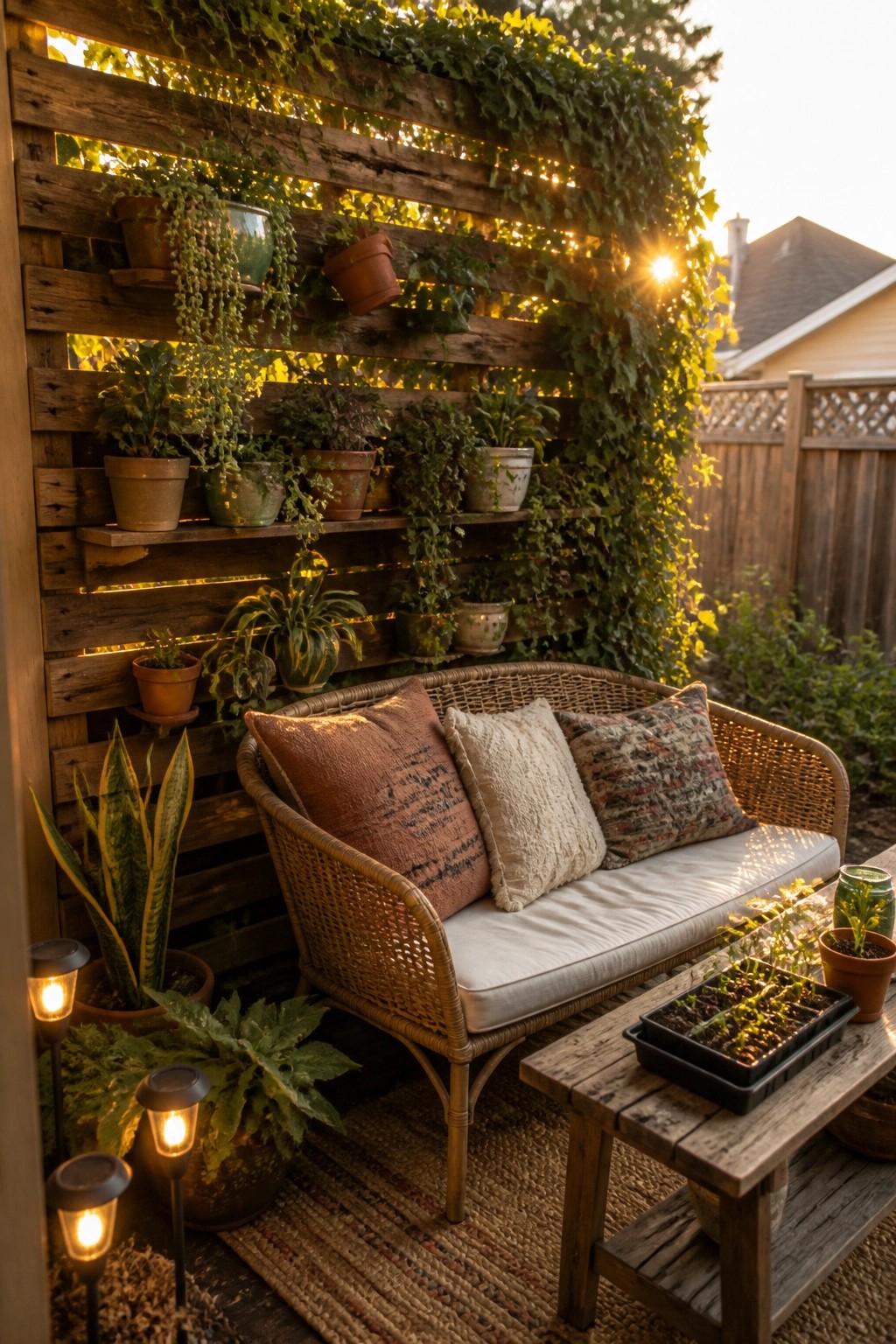 A wooden pallet mounted vertically on a patio wall with shelves holding various potted plants and vines, positioned behind a cushioned wicker bench.