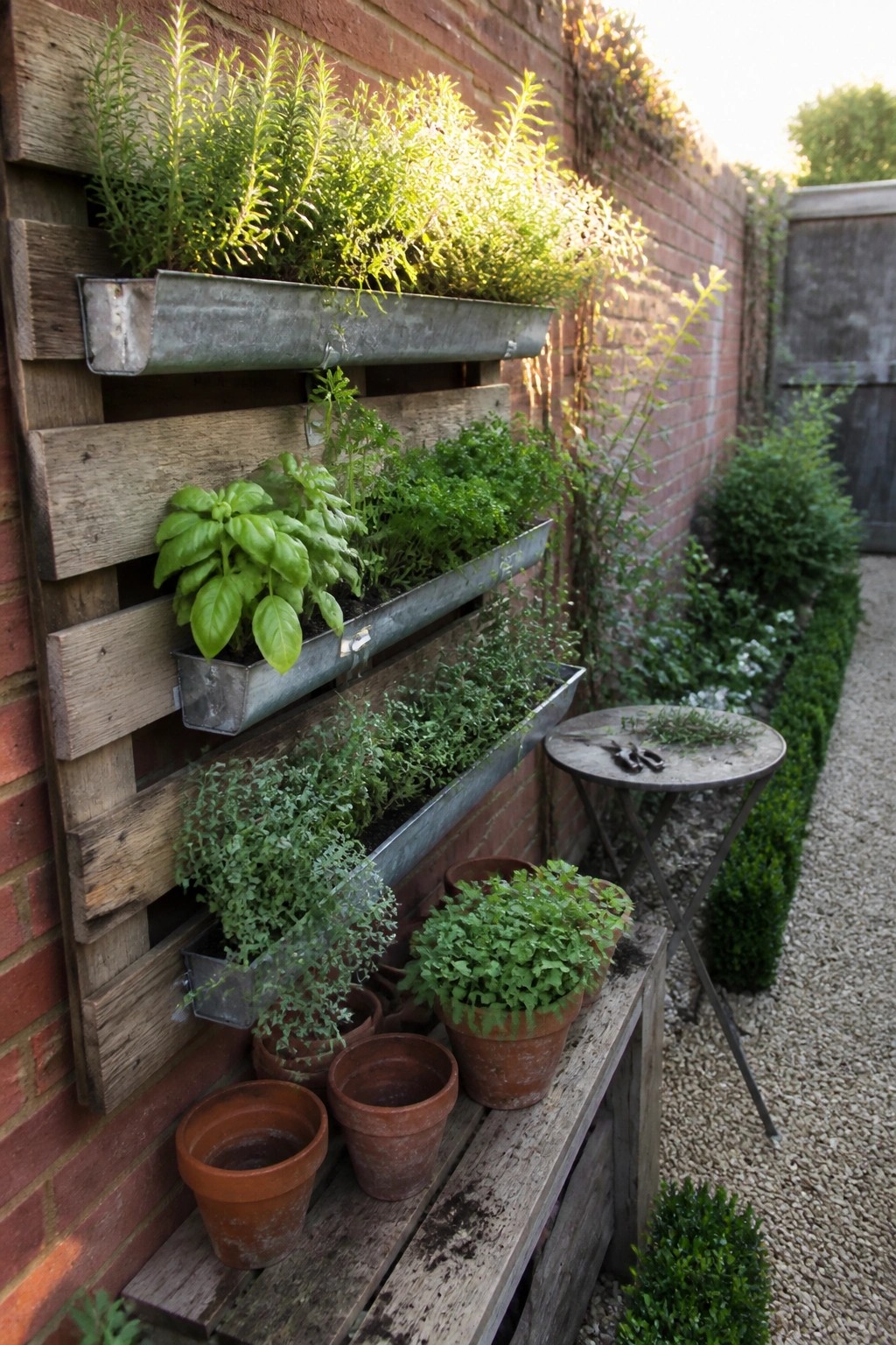 A wooden pallet mounted on a brick wall holds metal troughs filled with green herbs, with terracotta pots on a wooden bench below.