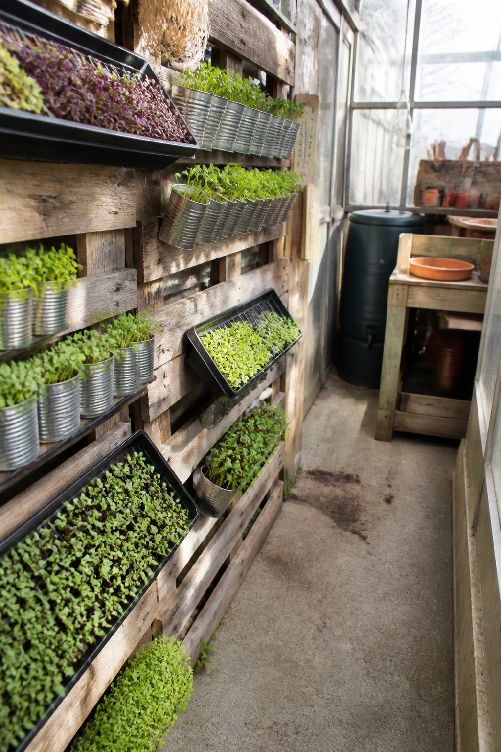 Greenhouse interior showing wooden pallets mounted on the wall and filled with seedlings in trays and metal cans.