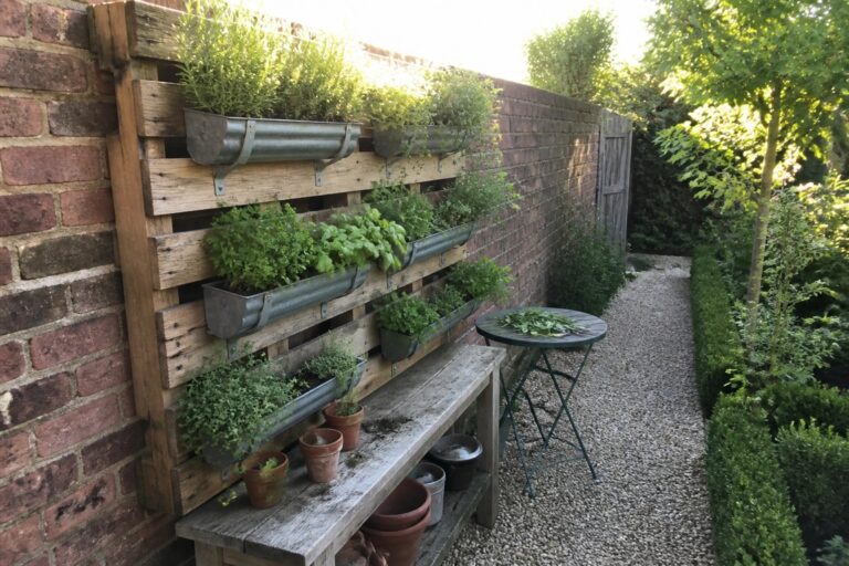 23 Fresh Pallet Garden Ideas for Vertical Growing in Small Yards A wooden pallet mounted on a brick wall holds metal troughs filled with green herbs, with terracotta pots on a wooden bench below.