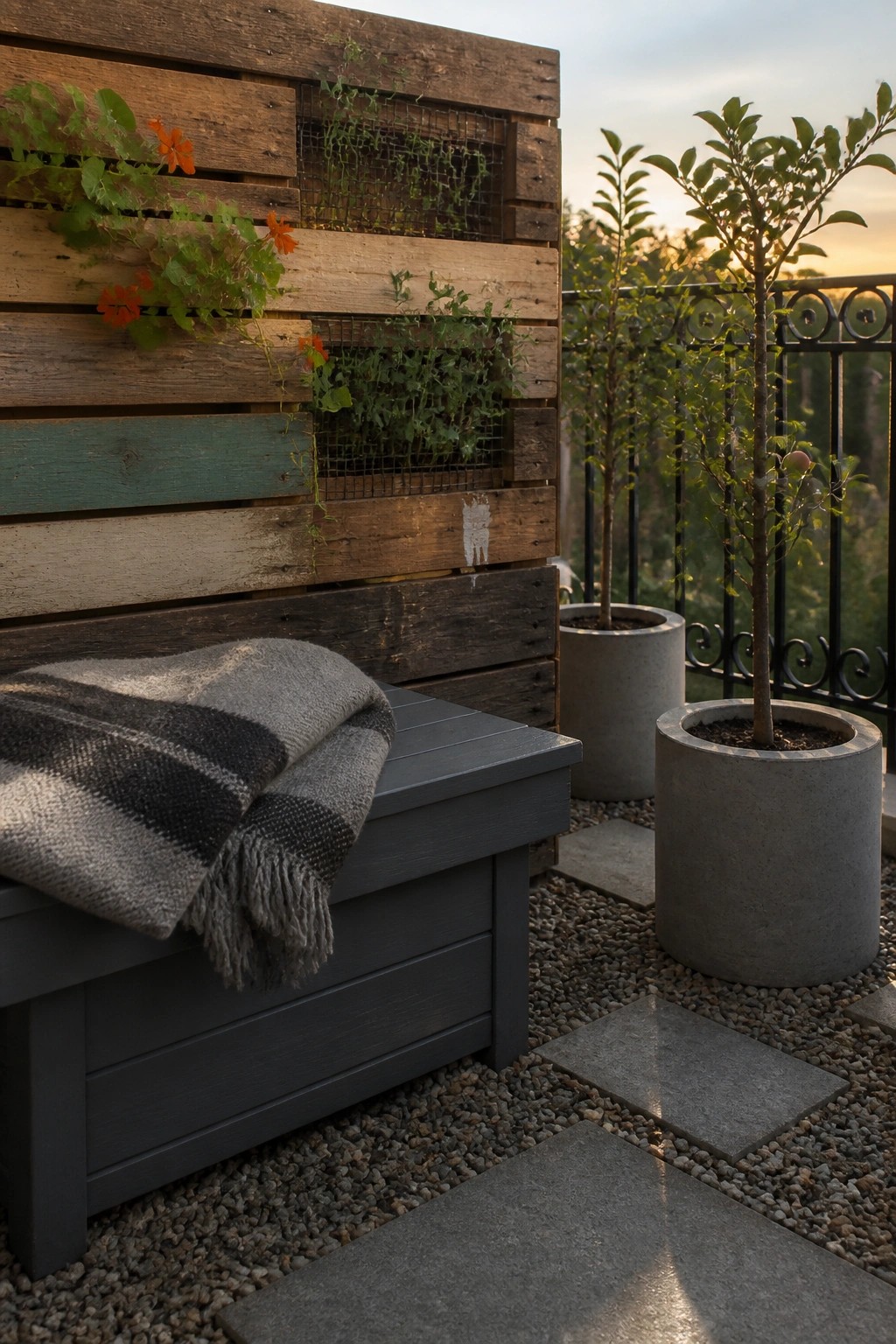 Gray bench with striped blanket beside wooden pallet planter wall on patio