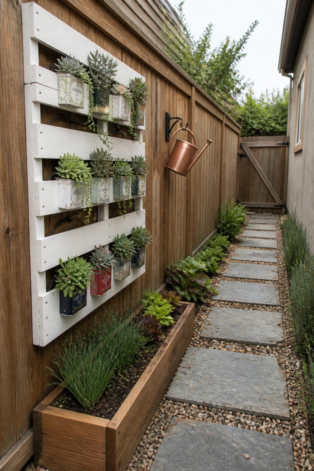 A white wooden pallet mounted on a fence holds small plants in metal tins above a raised wooden planter box beside a stone path.