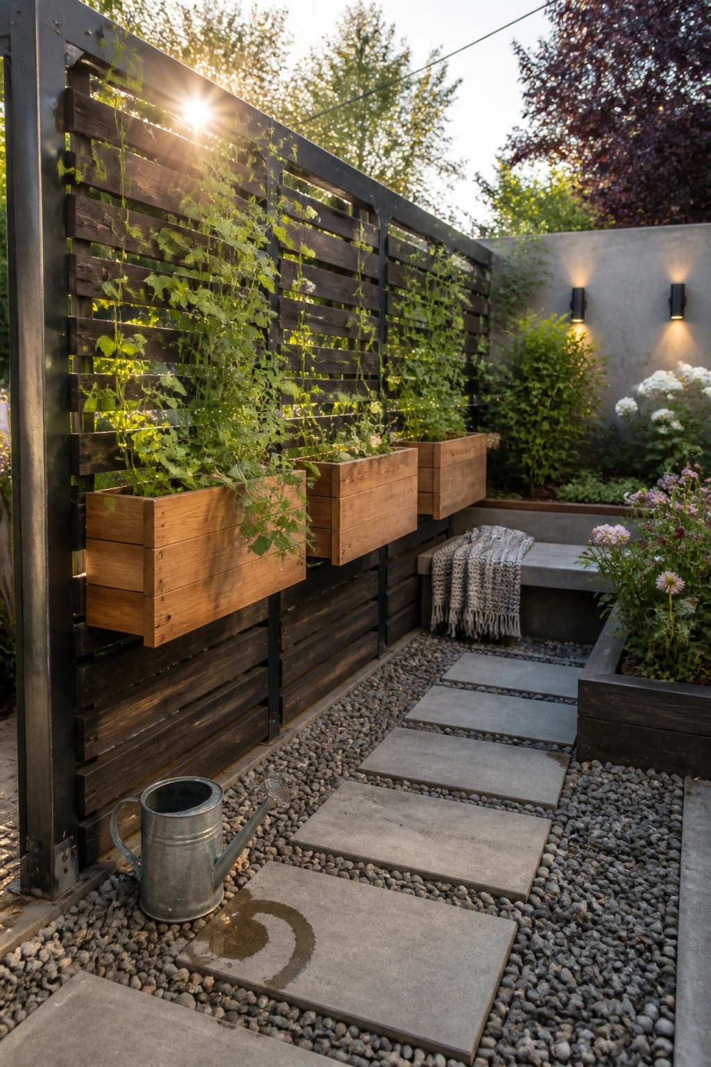 Modern patio with wooden planters on dark fence, gravel path, and watering can