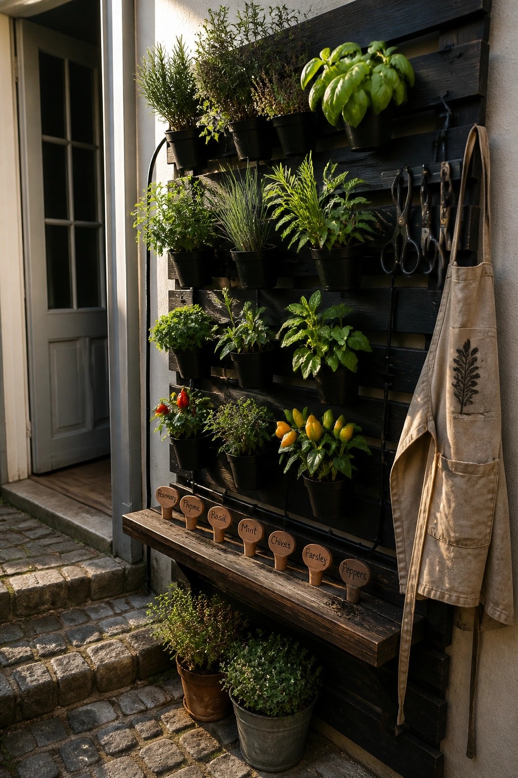 Vertical herb garden on dark wood wall with labeled pots, apron, and tools