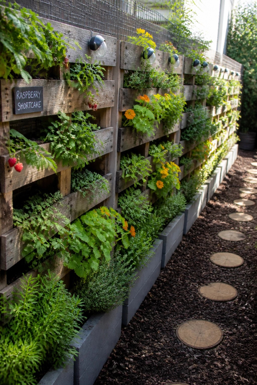 Wooden pallet vertical garden with lush plants, orange flowers, and raspberry sign by path.