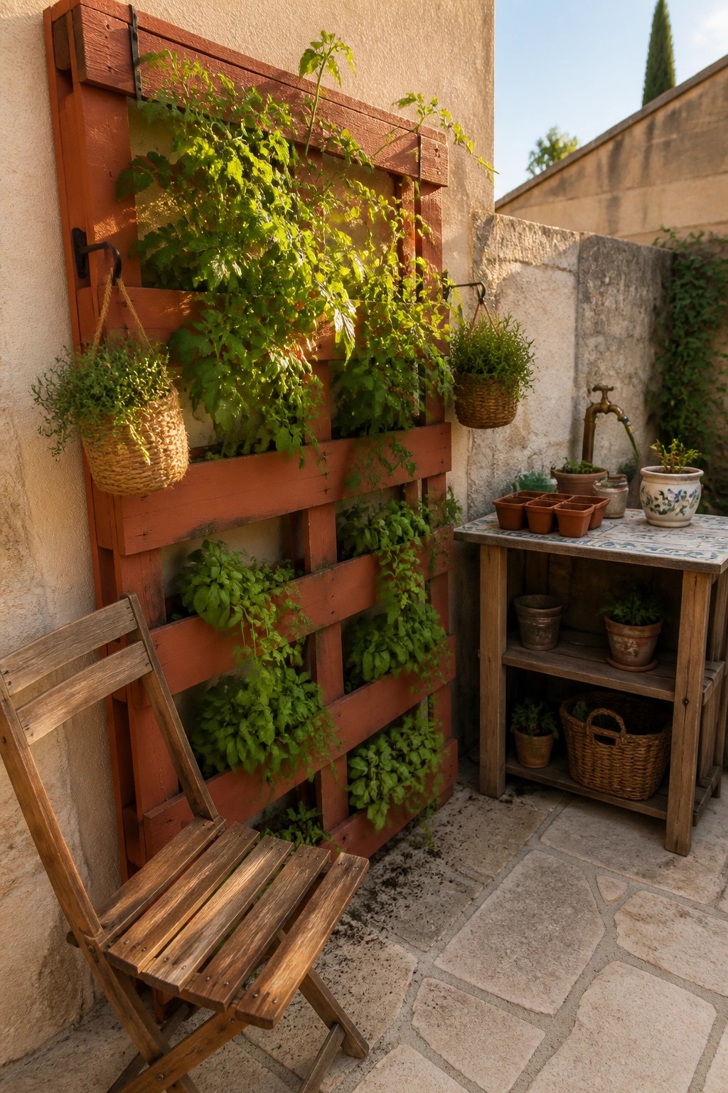 Folding wooden chair beside orange pallet vertical planter and rustic potting table outdoors