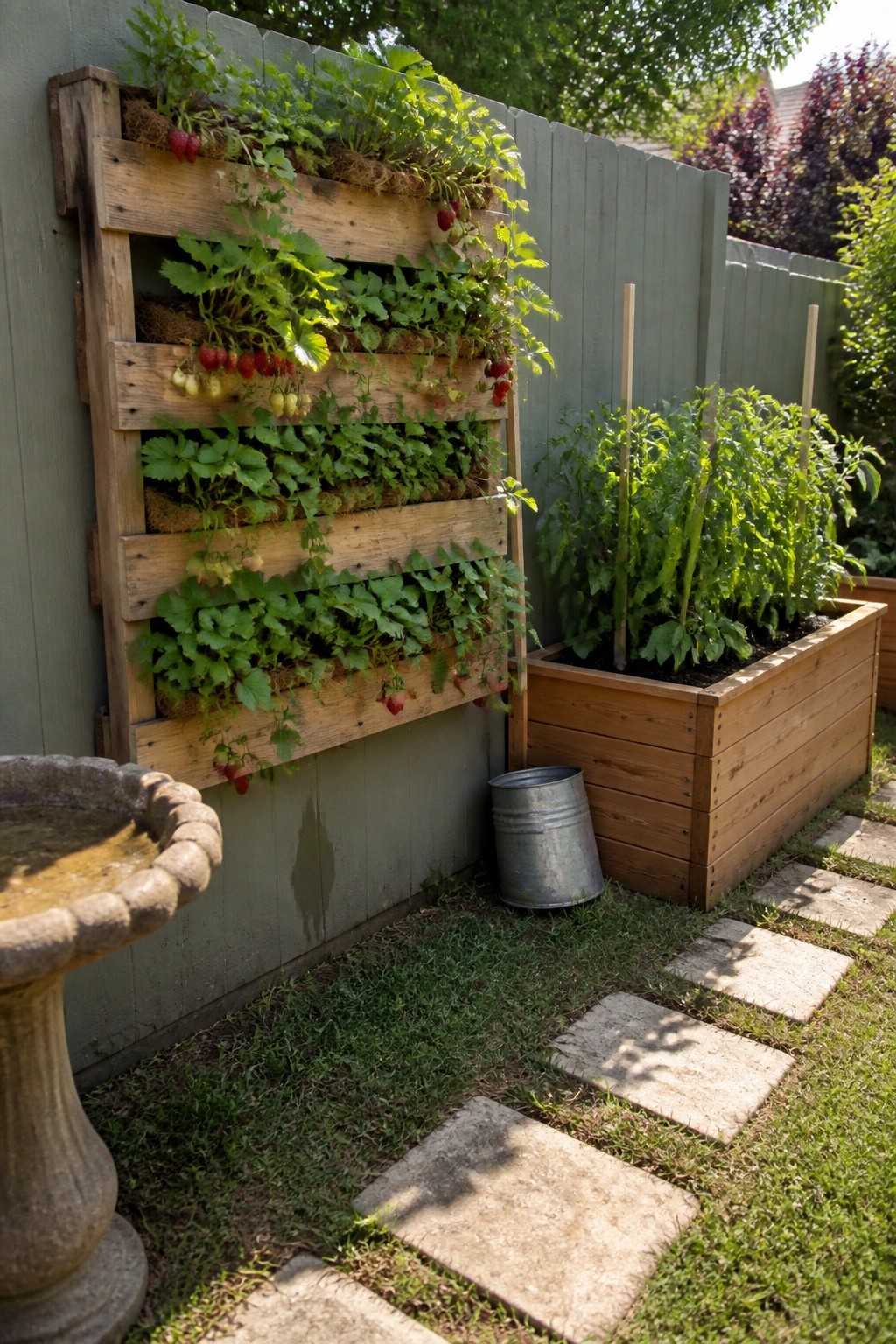Vertical pallet strawberry garden on fence beside tomato raised bed and birdbath