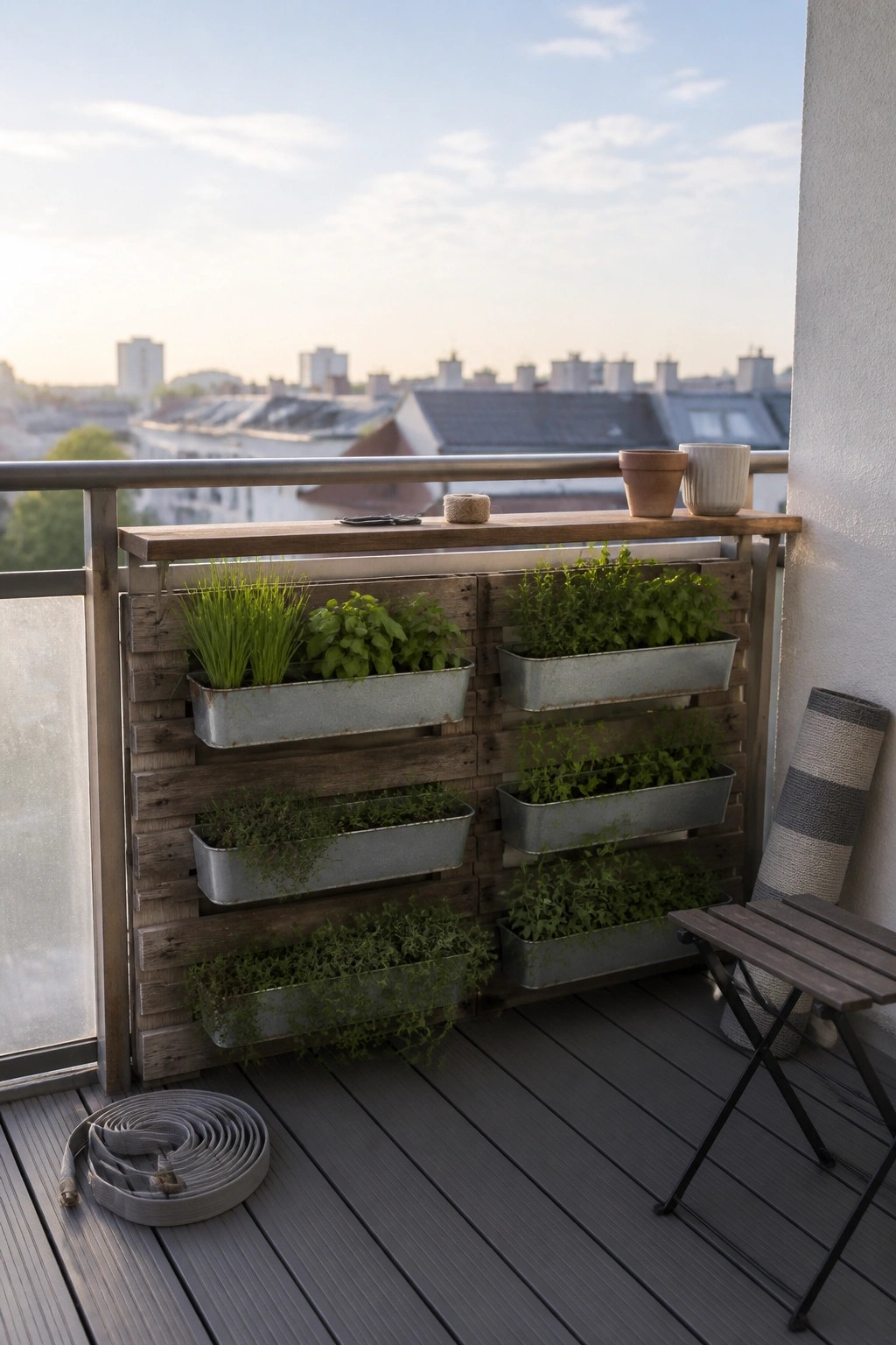 A wooden pallet structure is mounted along a balcony railing and holds several metal trough planters filled with herbs and leafy greens.