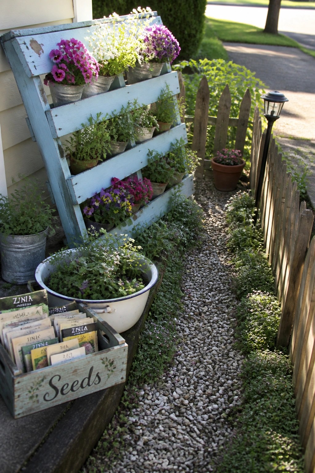 Rustic blue pallet planter with colorful flowers beside gravel path and seed crate