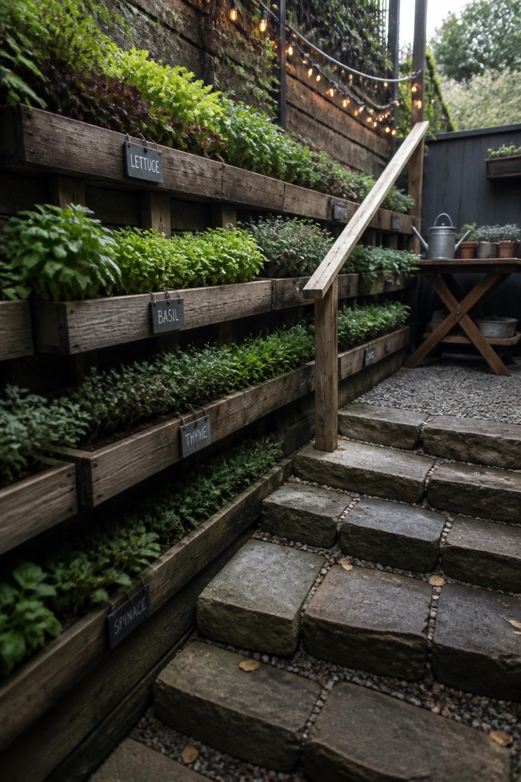 Wooden pallets mounted on a wall form vertical garden beds filled with herbs and leafy greens, labeled with chalkboard signs, beside stone steps in an outdoor garden.
