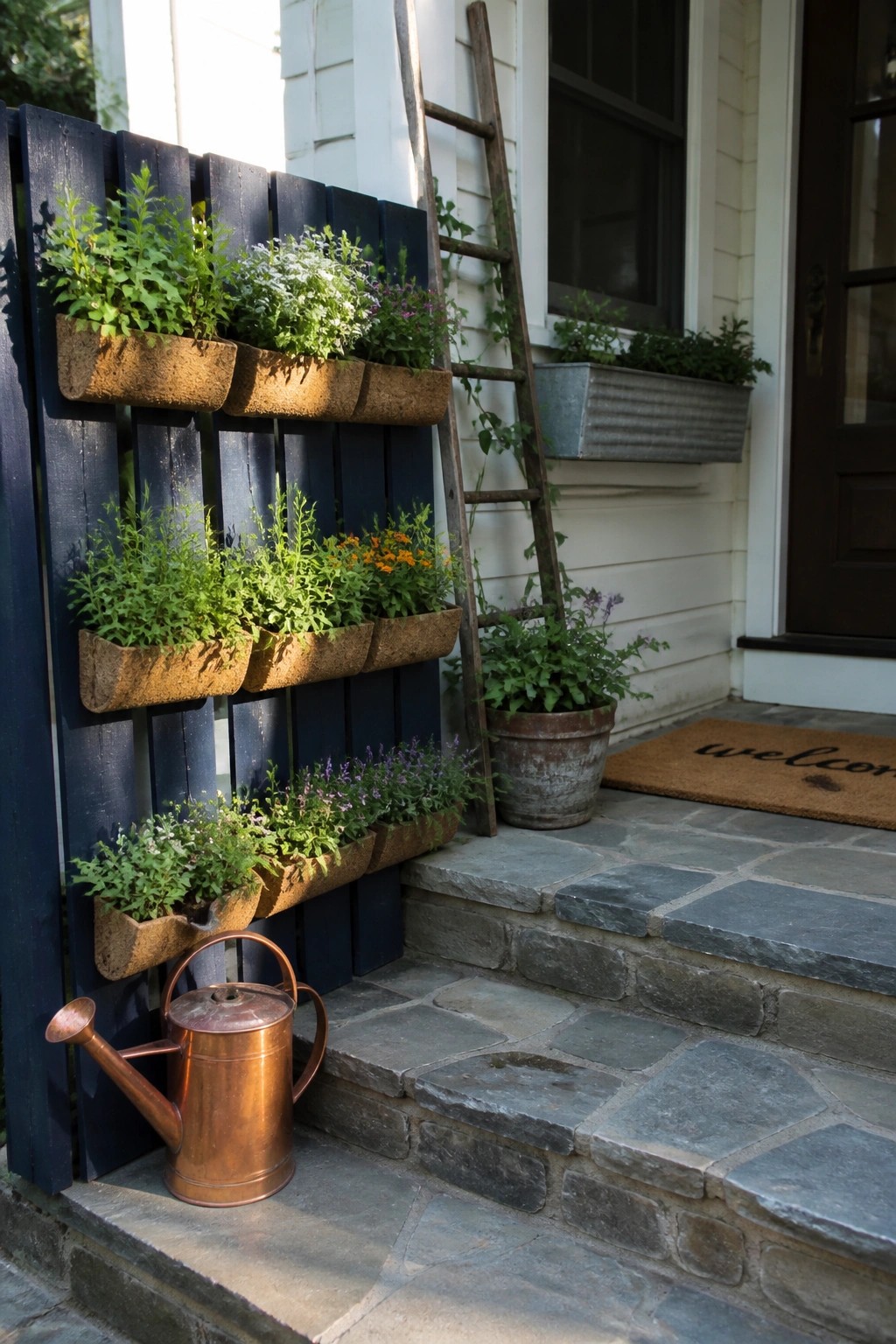 A dark wooden fence fitted with multiple horizontal pallet sections holding rows of green plants, placed beside stone steps at a house entrance.