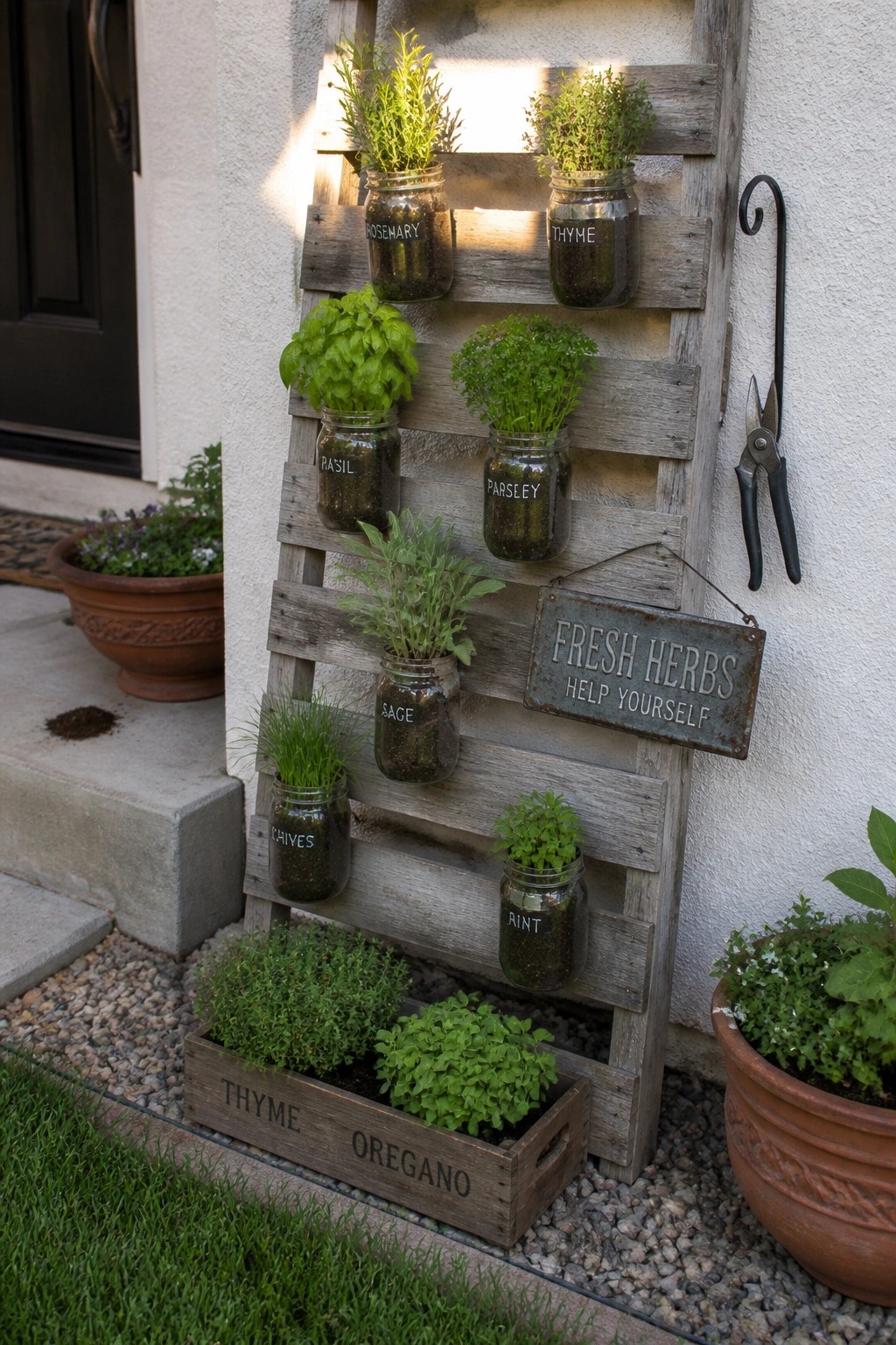 A weathered wooden pallet leans against an exterior wall with glass jars holding labeled herbs attached to the slats and a wooden crate of additional plants at the base.