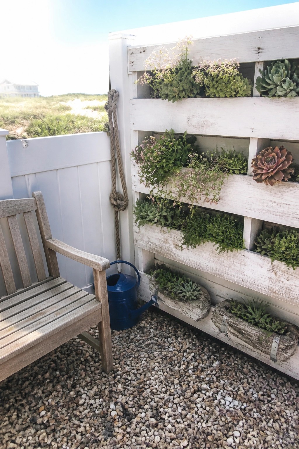 A weathered white wooden pallet mounted on a fence holds rows of green succulents and small flowering plants next to a wooden bench on gravel.