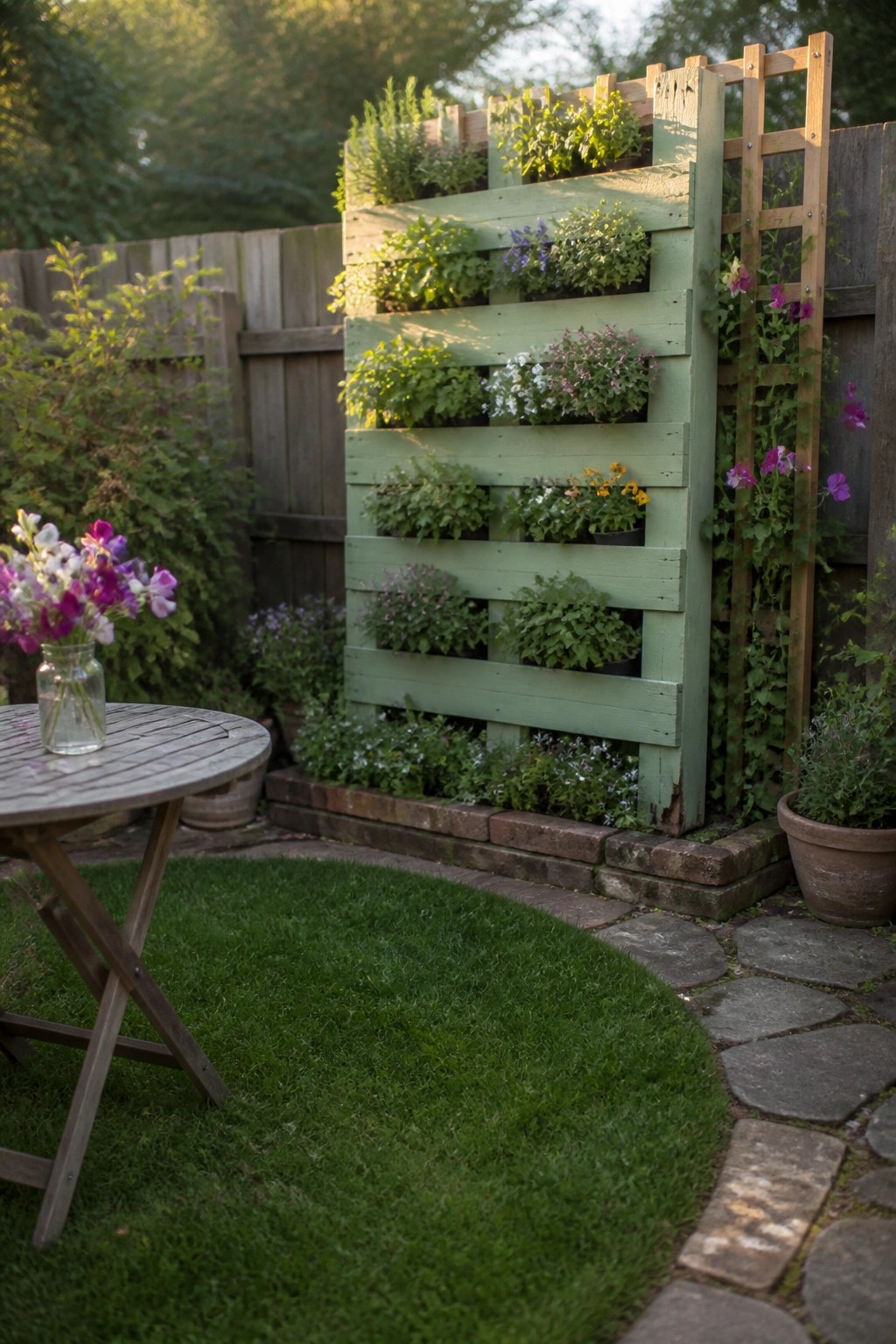 Green pallet vertical garden with flowers beside lawn, table with vase, and stone path