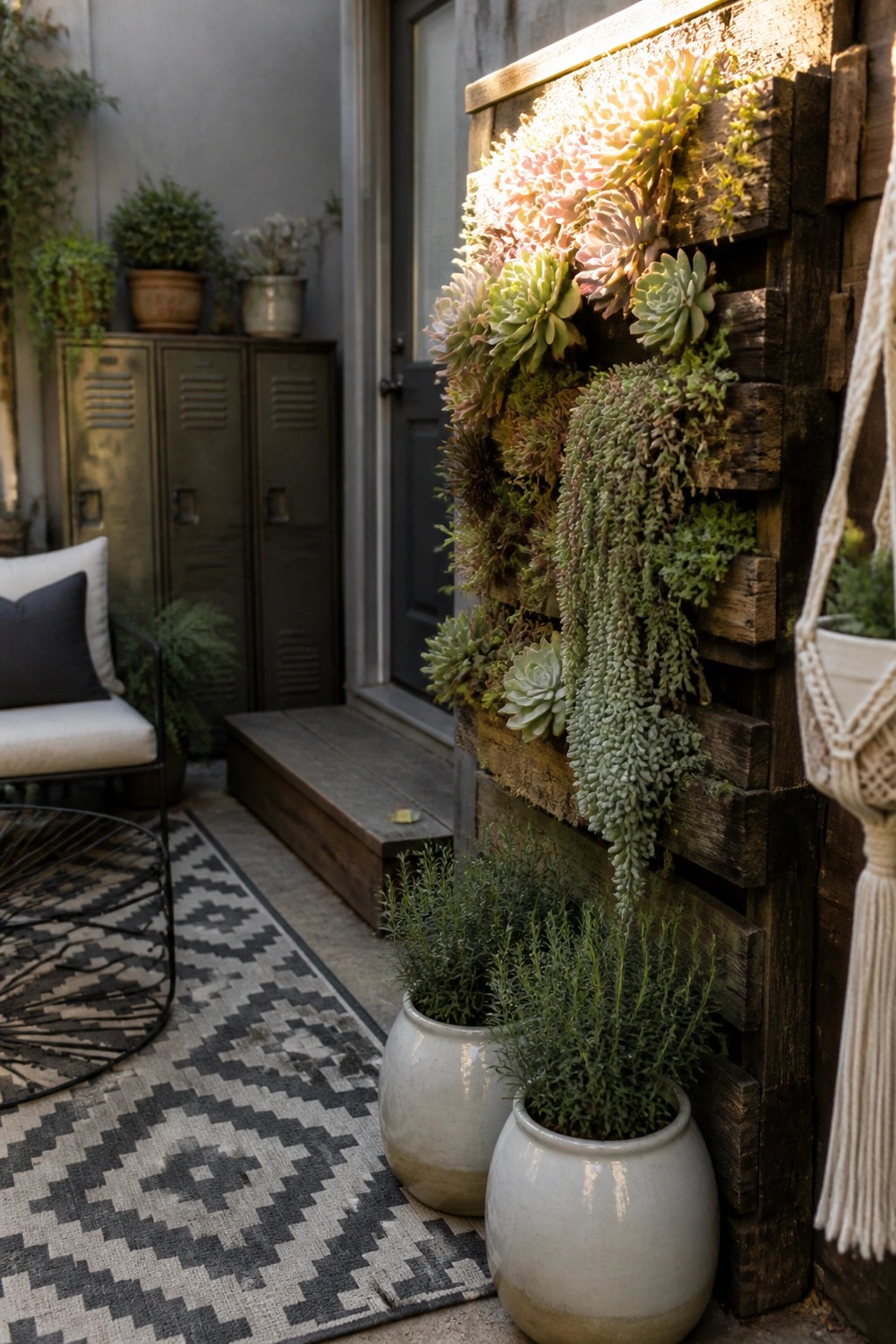 A wooden pallet mounted vertically on an exterior wall holds rows of succulents and trailing plants above two white ceramic pots on a patterned outdoor rug.