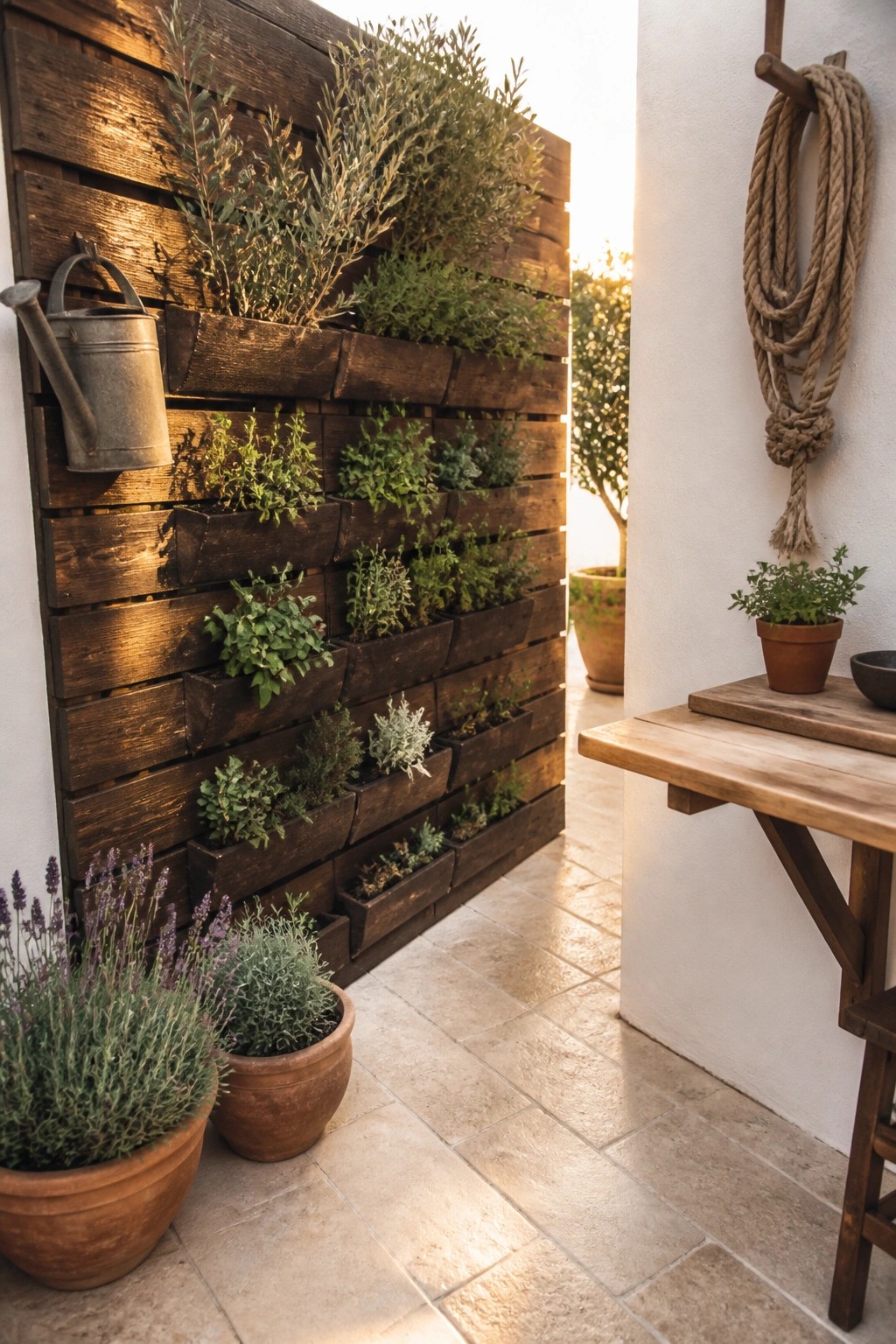 Rustic vertical garden on wooden pallet wall with herbs, watering can, and potted plants