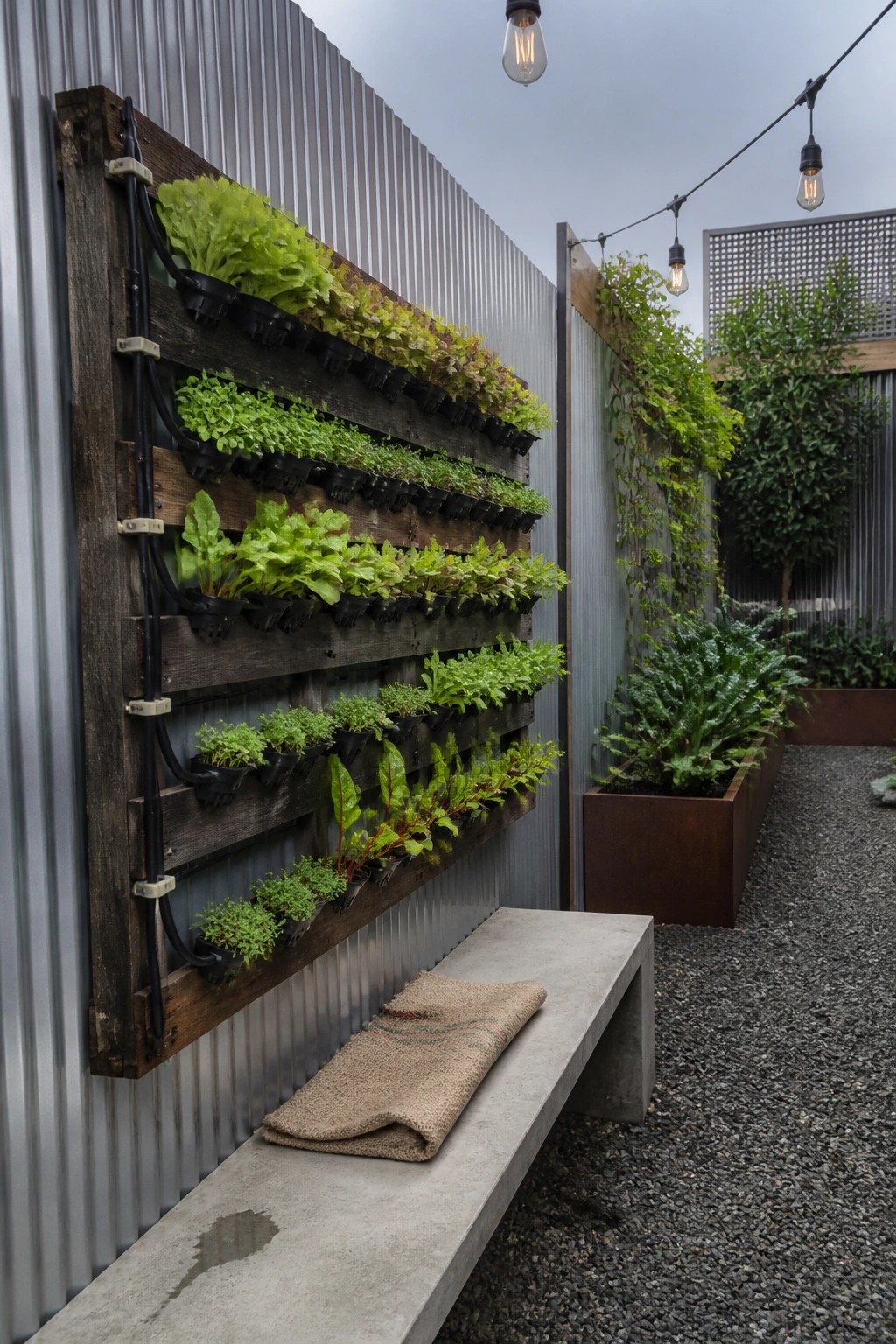Vertical pallet garden with leafy greens on metal wall above concrete bench with string lights
