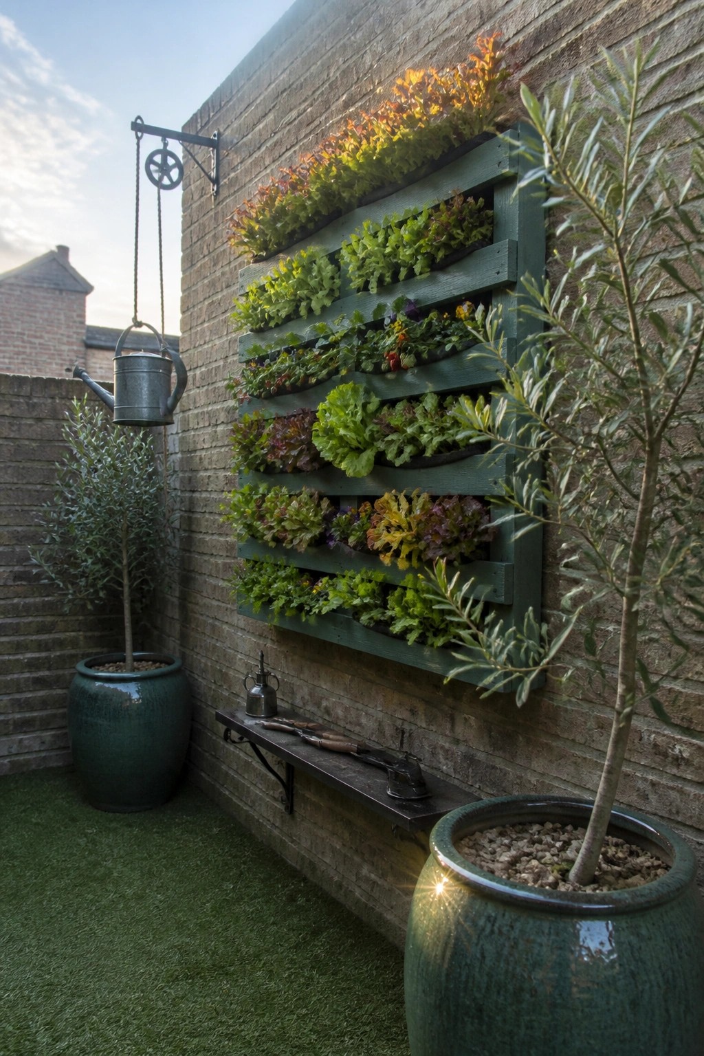 A green wooden pallet mounted on a brick wall holds rows of leafy plants and small flowers in an outdoor garden setting.
