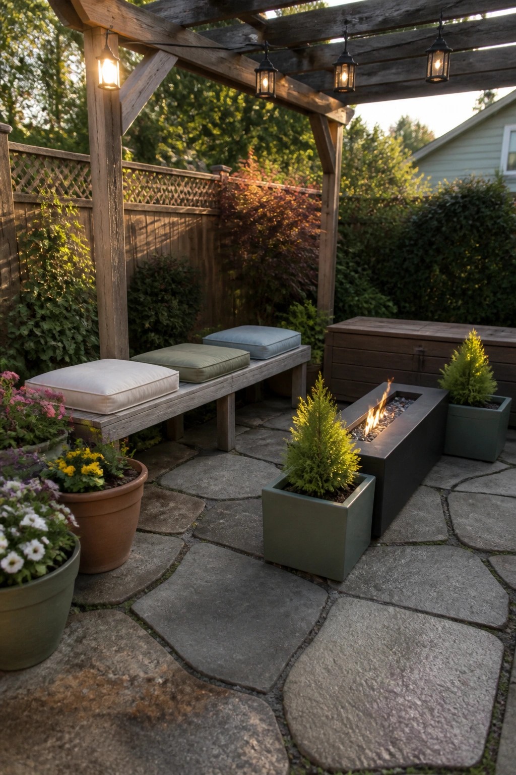 A wooden pergola shades a stone patio featuring a bench with cushions, a rectangular metal fire pit, and several potted plants of varying sizes placed around the seating area.