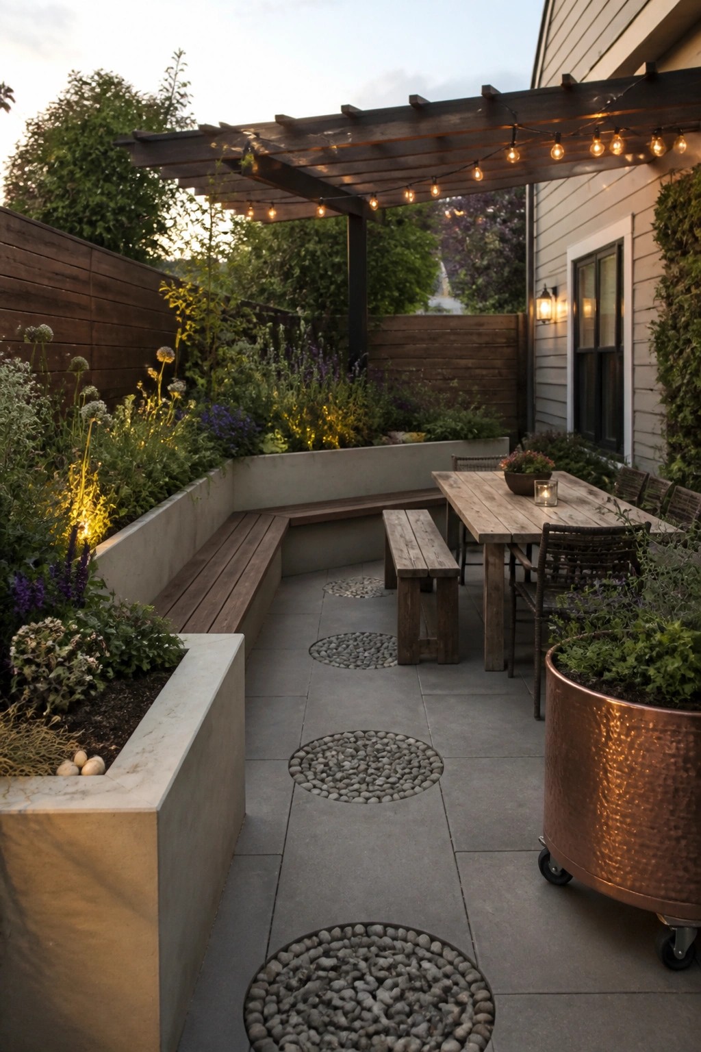 A paved patio with a wooden pergola strung with lights, built-in concrete and wood planters, a dining table with chairs, and a large copper container on wheels.