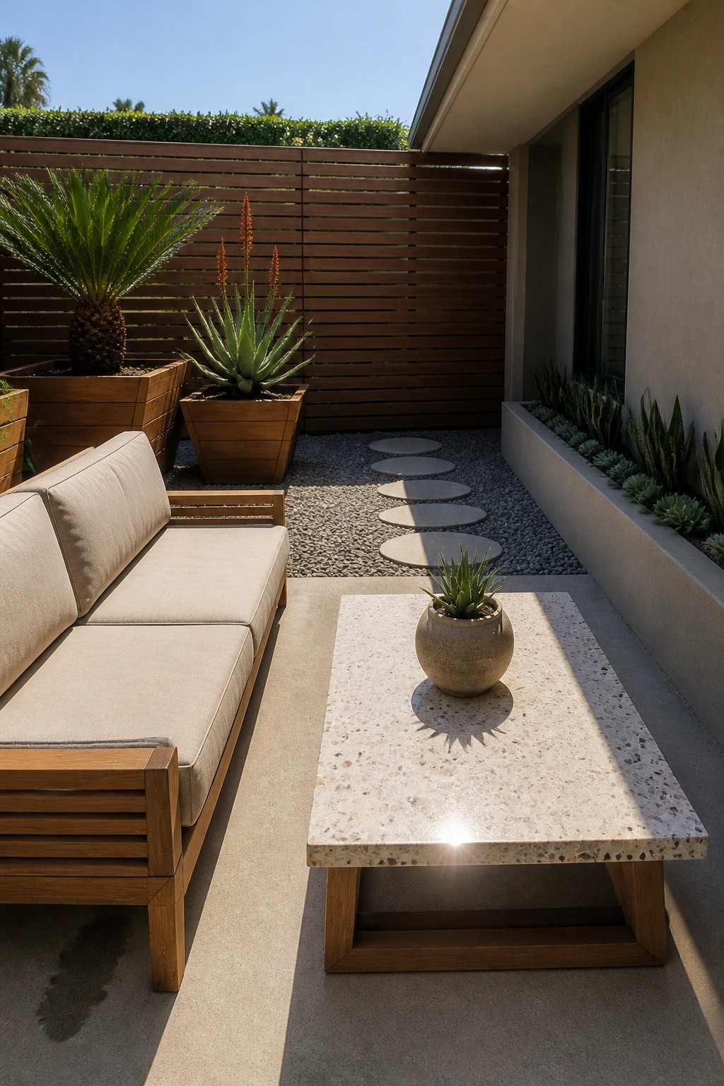 Outdoor patio with a wooden sofa, terrazzo coffee table holding a small potted plant, and several large wooden planters filled with palm trees and succulents beside a gravel path with stepping stones.