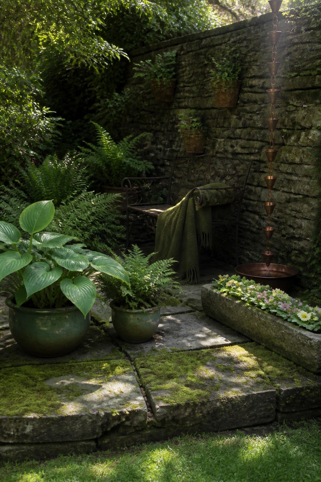 A stone pathway lined with large green pots holding hostas and ferns, next to a mossy wall with hanging pots, a metal bench, and a copper rain chain.