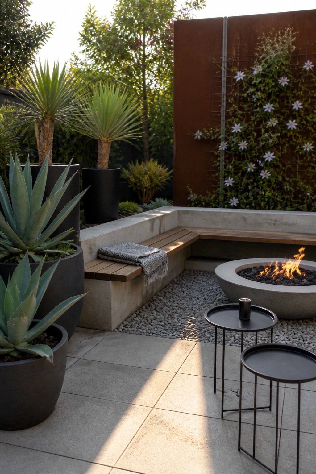 A patio corner with large black containers holding agave plants, built-in wood bench seating, a round concrete fire pit, and a rusted metal screen with white flowers.