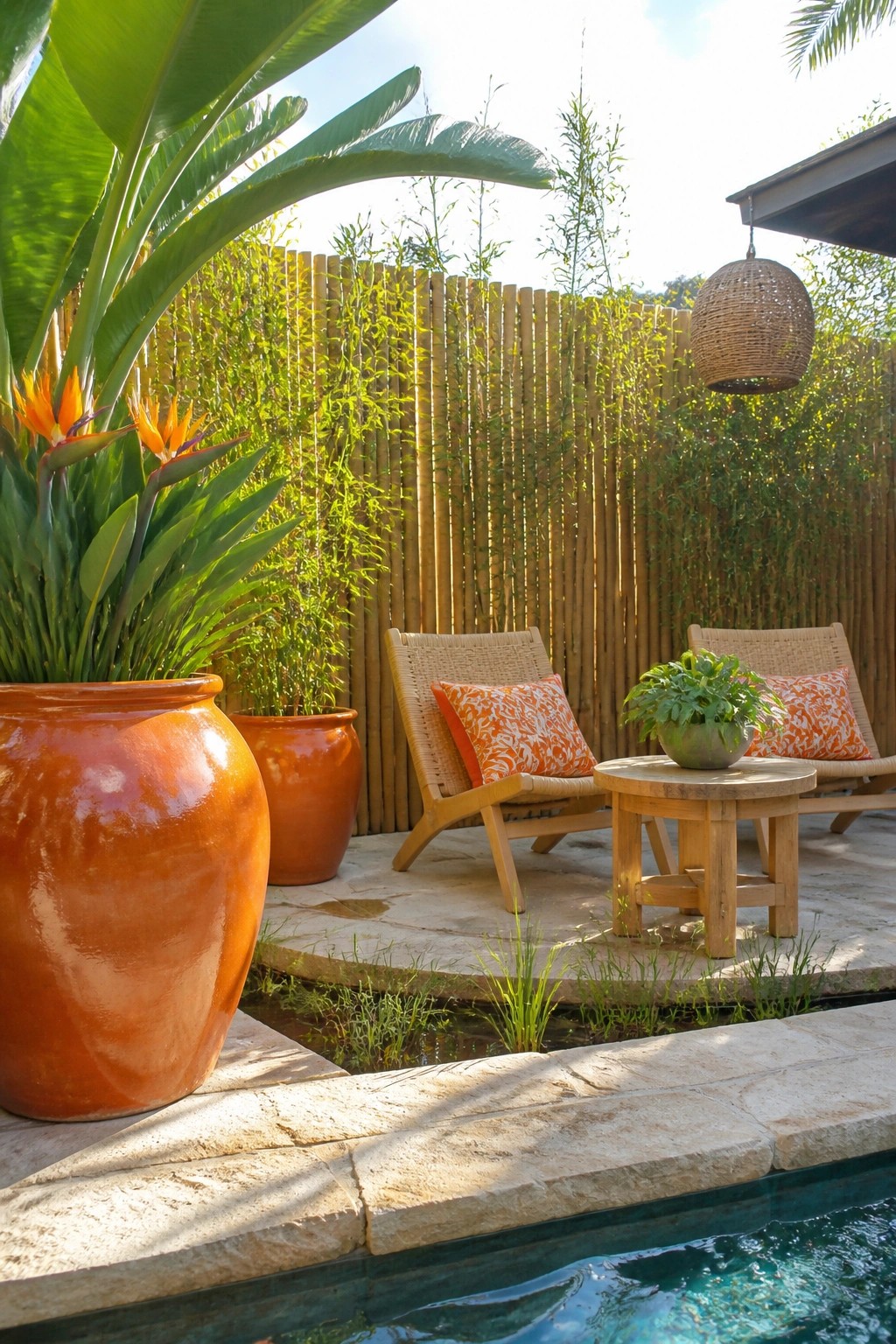 A stone patio beside a pool with two large terracotta pots holding tall tropical plants, two woven lounge chairs with orange pillows, a round wooden table, and a bamboo fence in the background.