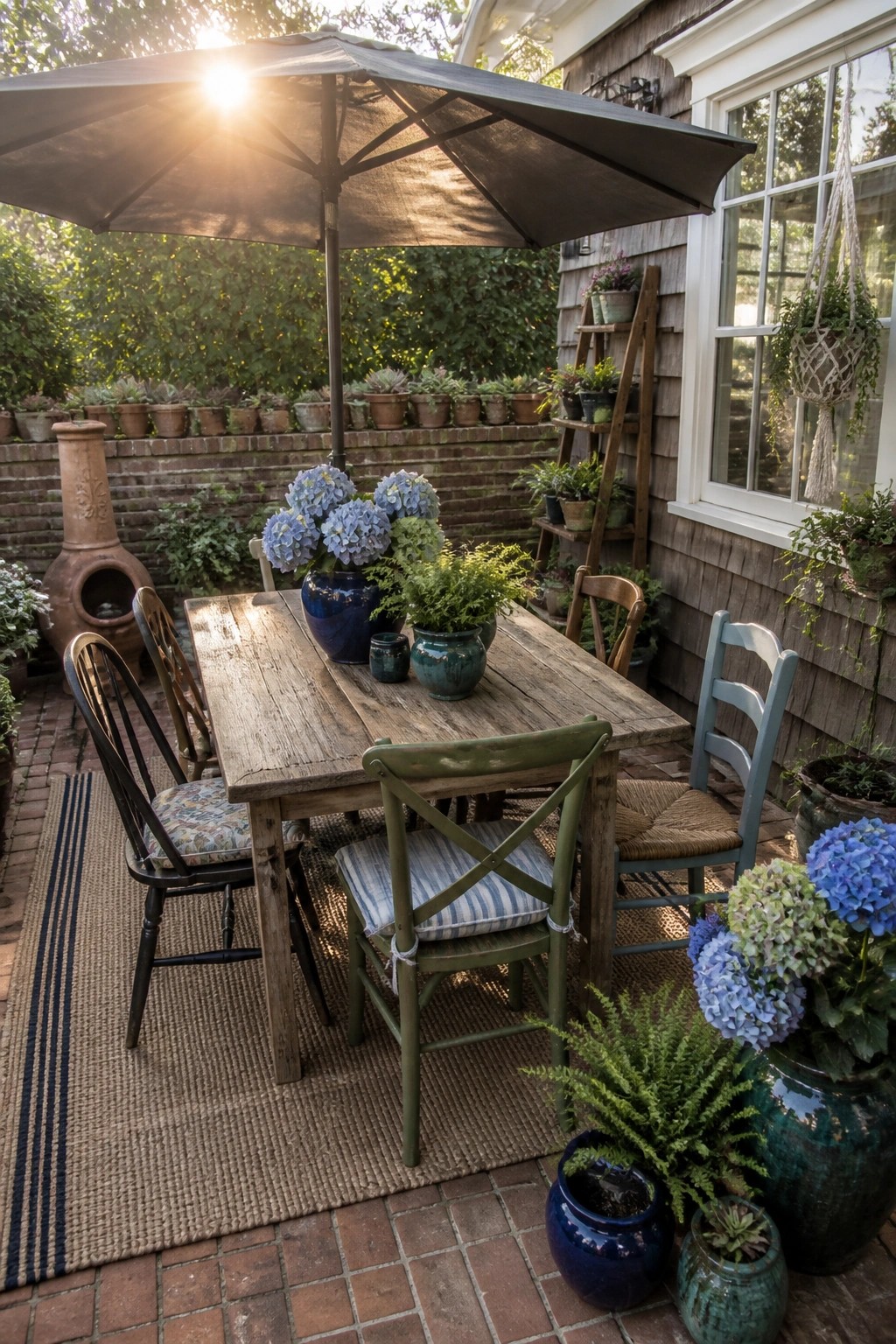Rustic wooden patio table with blue hydrangeas, umbrella, mismatched chairs, and potted plants.