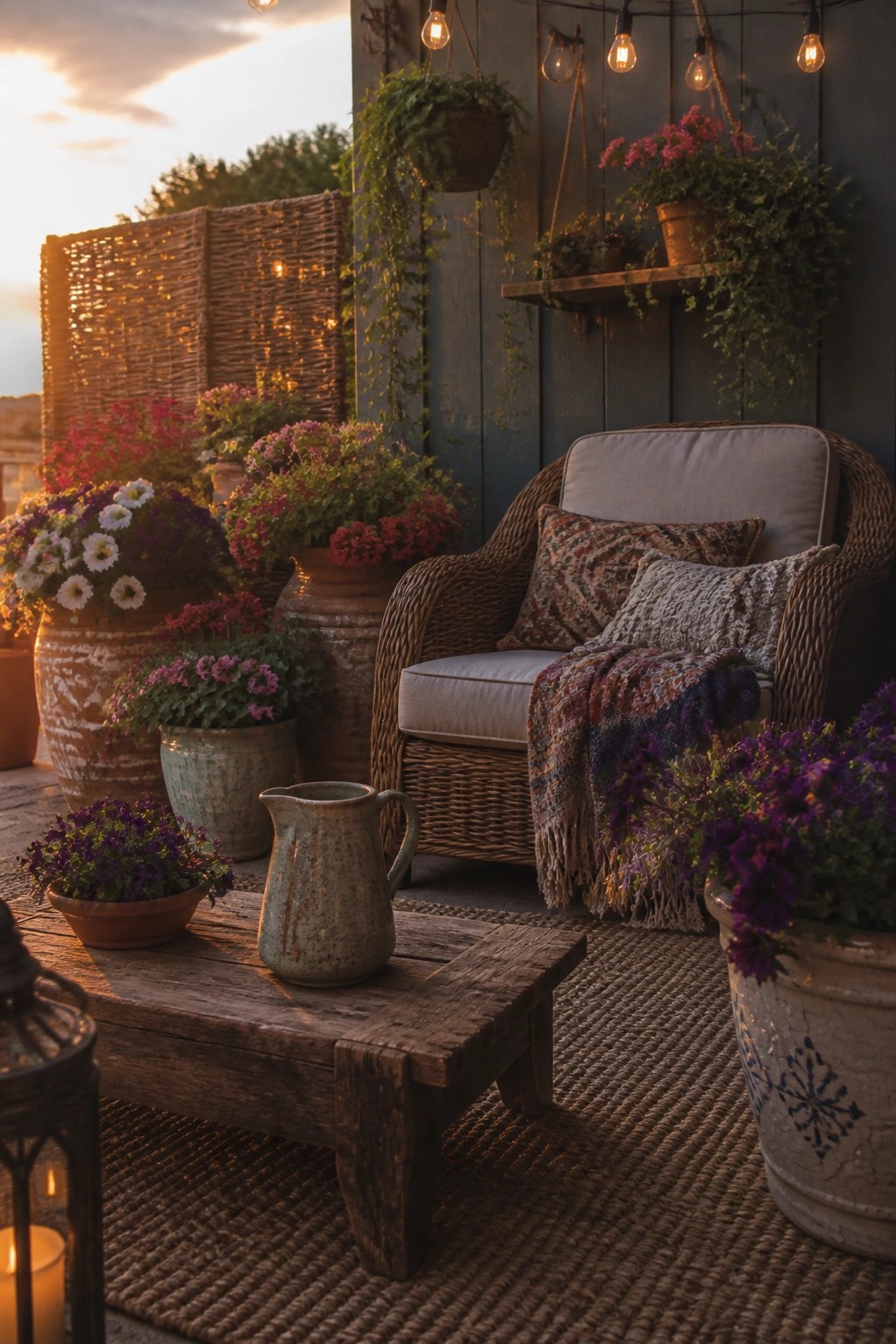 Cozy wicker armchair with pillows amid colorful potted flowers, wooden table, and string lights at dusk