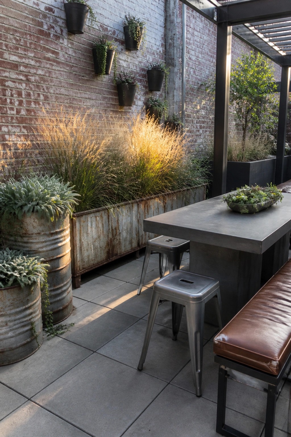 A patio with a dark metal table and stools next to a brick wall lined with plants in large rusty metal barrels and troughs.
