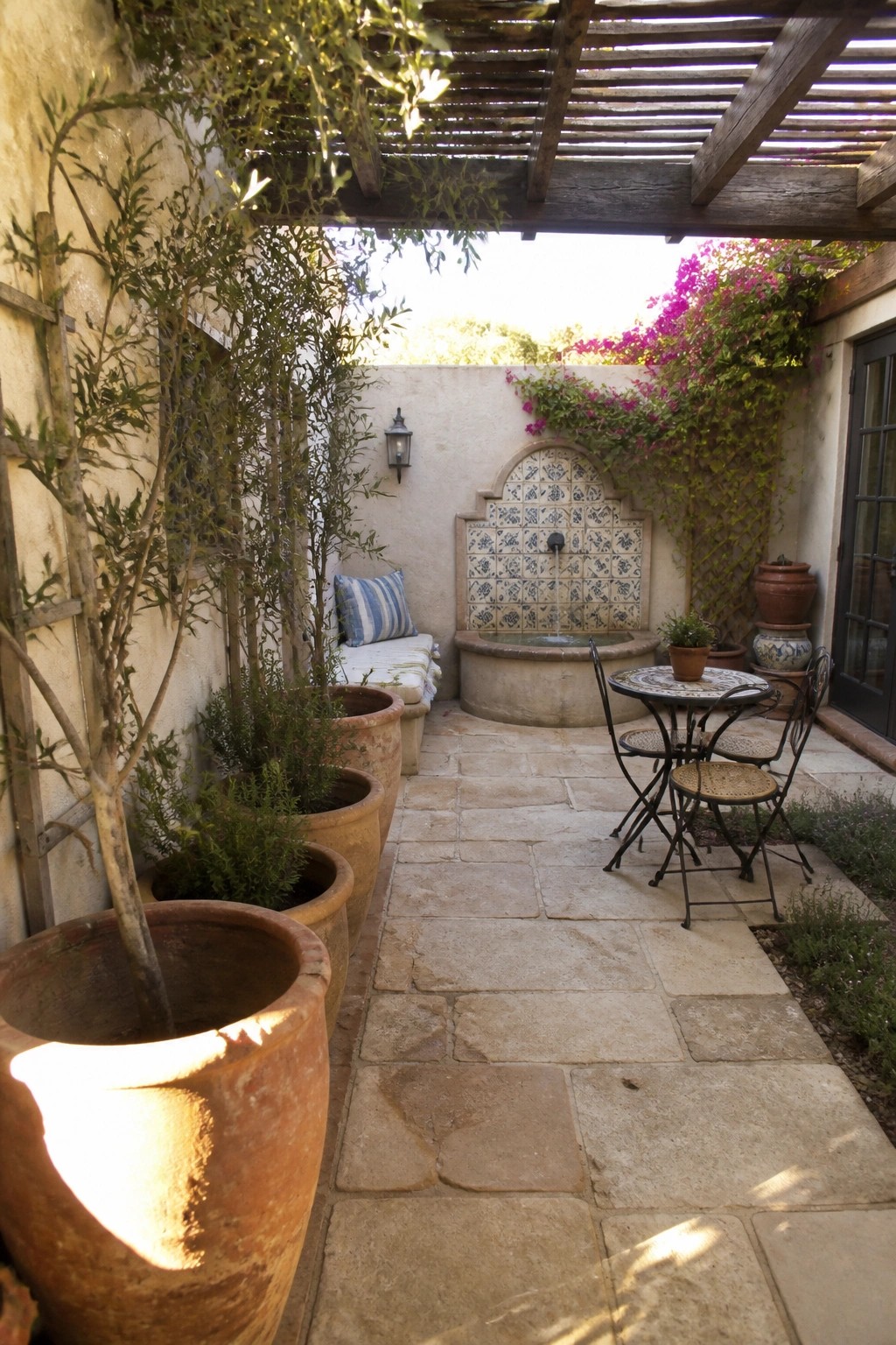 Courtyard with terracotta pots, stone fountain, bistro table and chairs under pergola