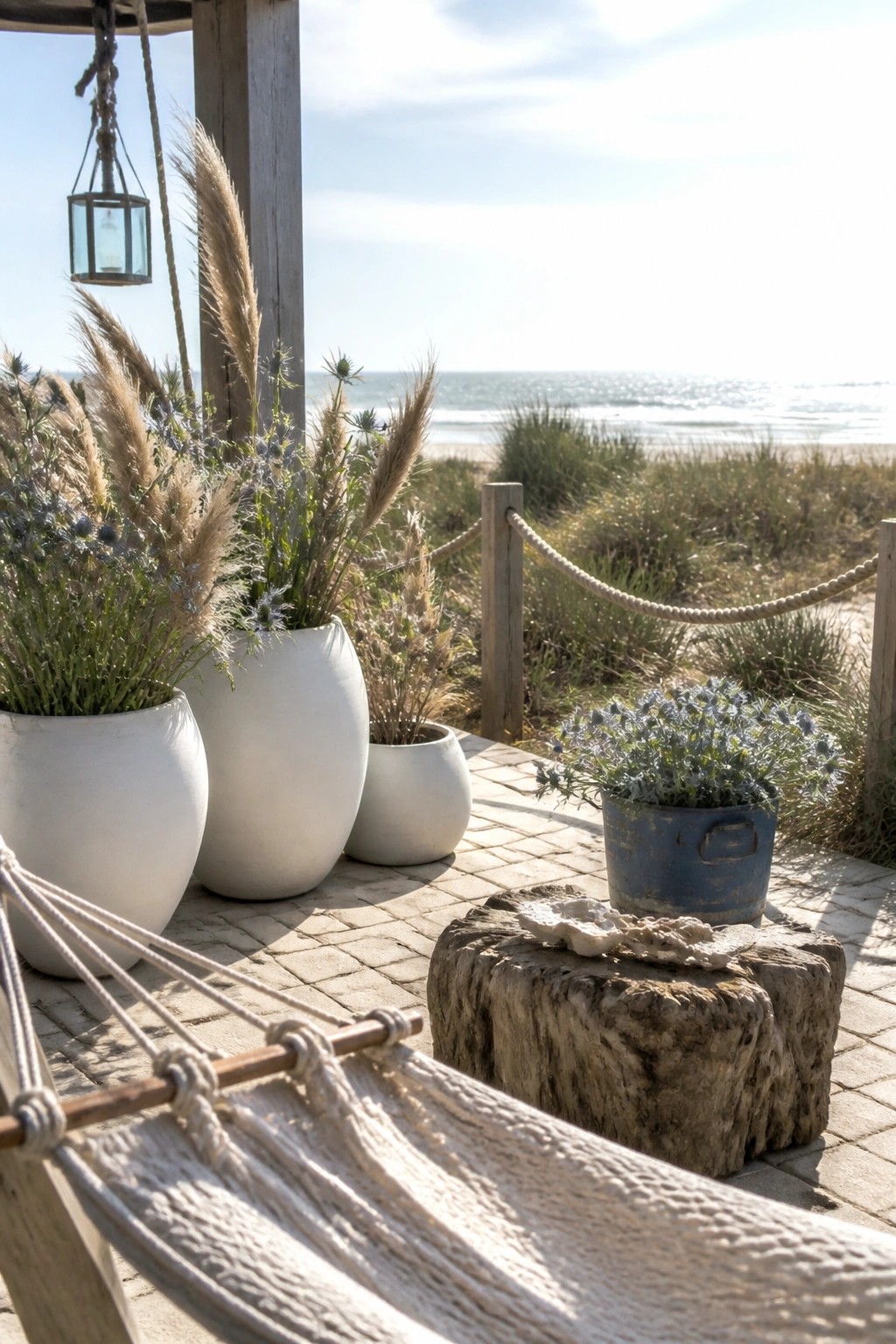 A paved patio area with white ceramic pots of different sizes holding grasses and flowering plants, a blue metal container on a wooden stump, and part of a white hammock visible in the foreground with the ocean beyond.