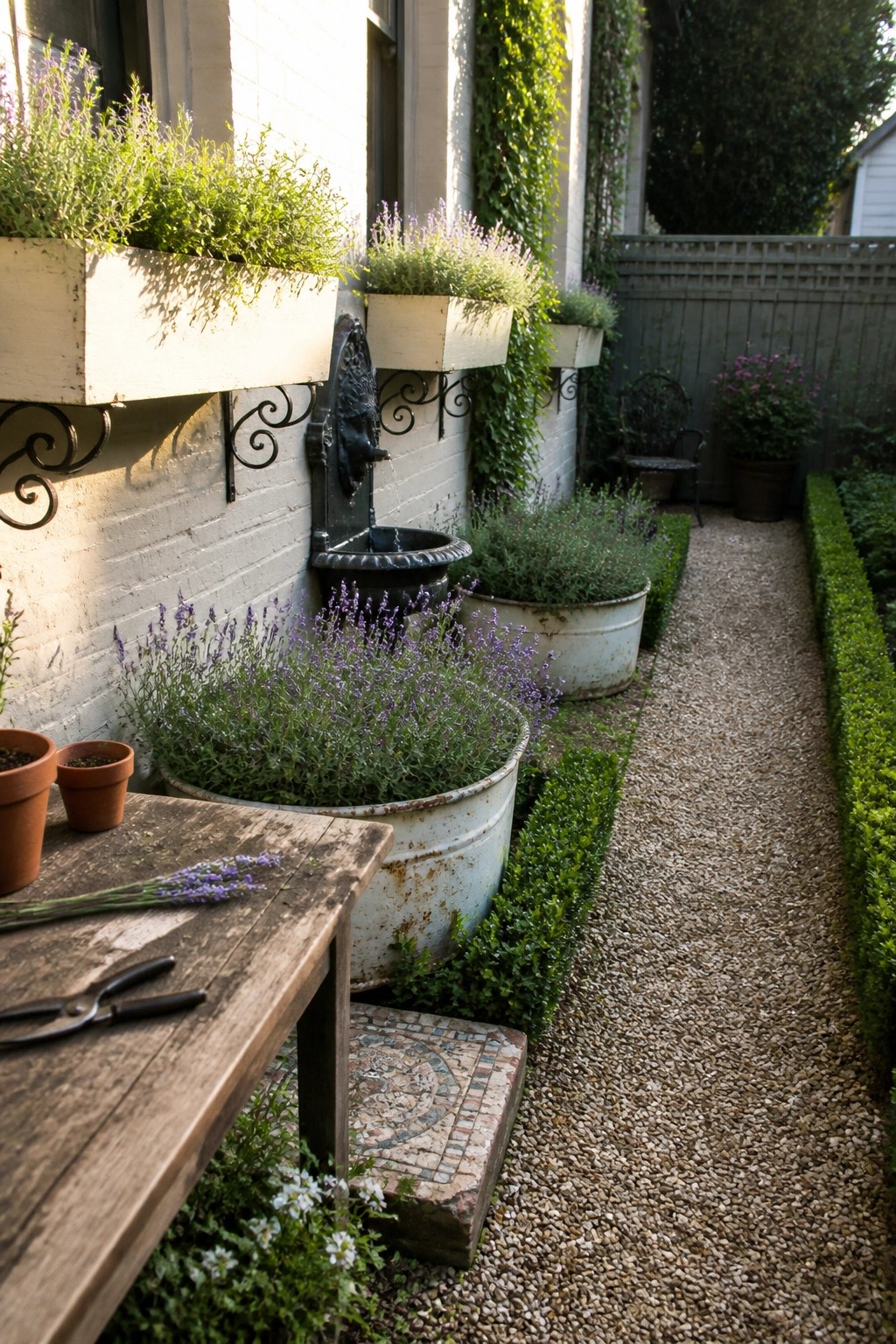 Garden with lavender tubs, wall fountain, gravel path, and wooden table with shears.