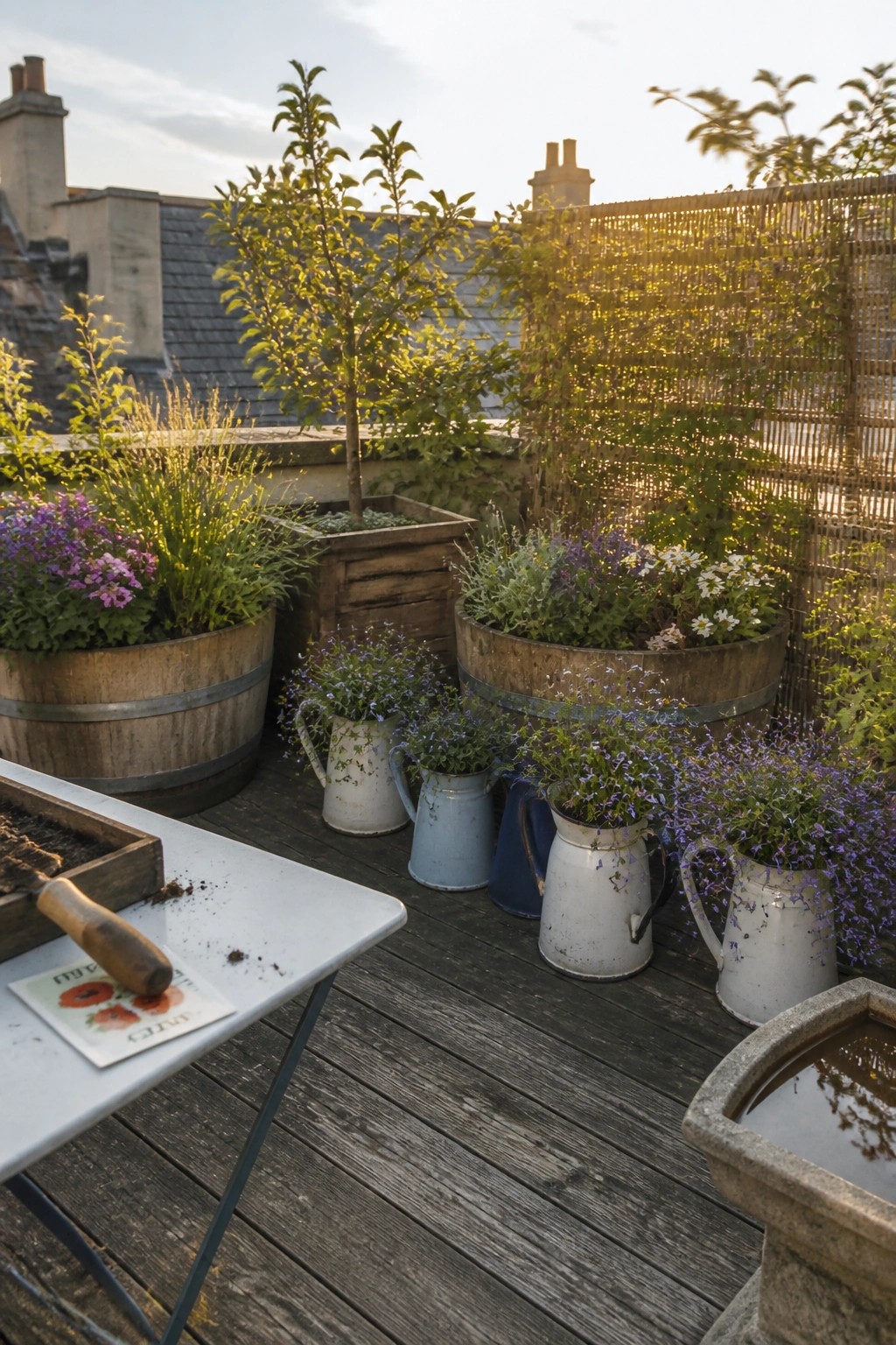 A wooden deck patio with plants growing in wooden barrels and assorted metal pitchers, plus a small table holding soil and a trowel.