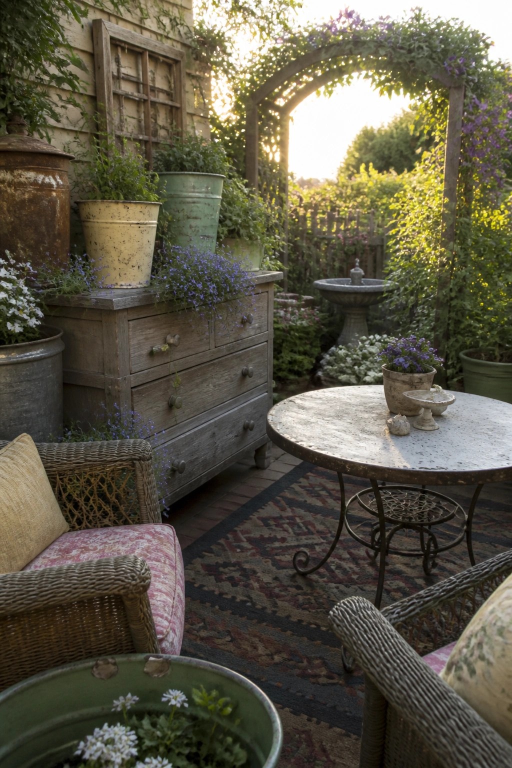 Vintage garden patio with wicker chairs, wooden dresser, metal table and floral arch.