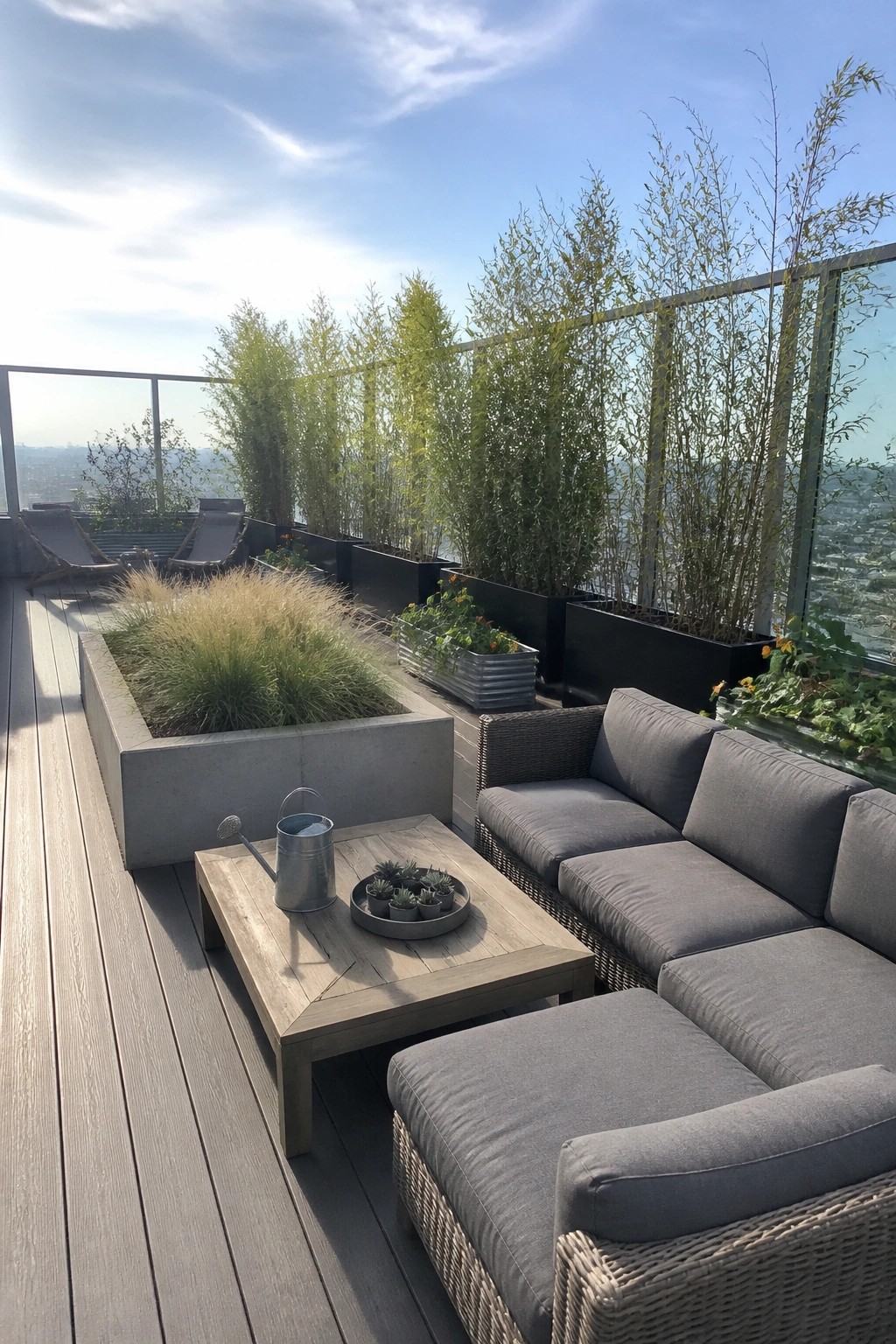 Modern rooftop terrace with gray sofa, wooden table, concrete planters, and city view.