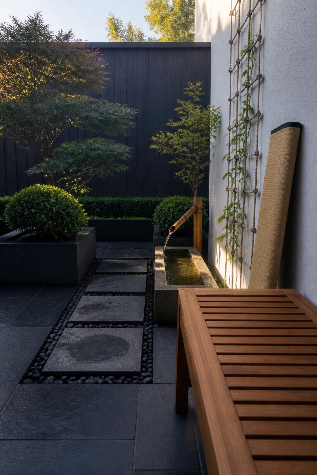 A stone-paved patio garden with black rectangular containers holding trees and shrubs, a bamboo water spout feeding a trough, and a wooden bench beside a rope trellis.