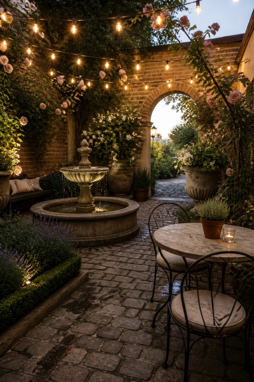 A cobblestone courtyard at dusk with a stone fountain, string lights, a round marble table with two chairs, and many potted plants and roses against brick walls.
