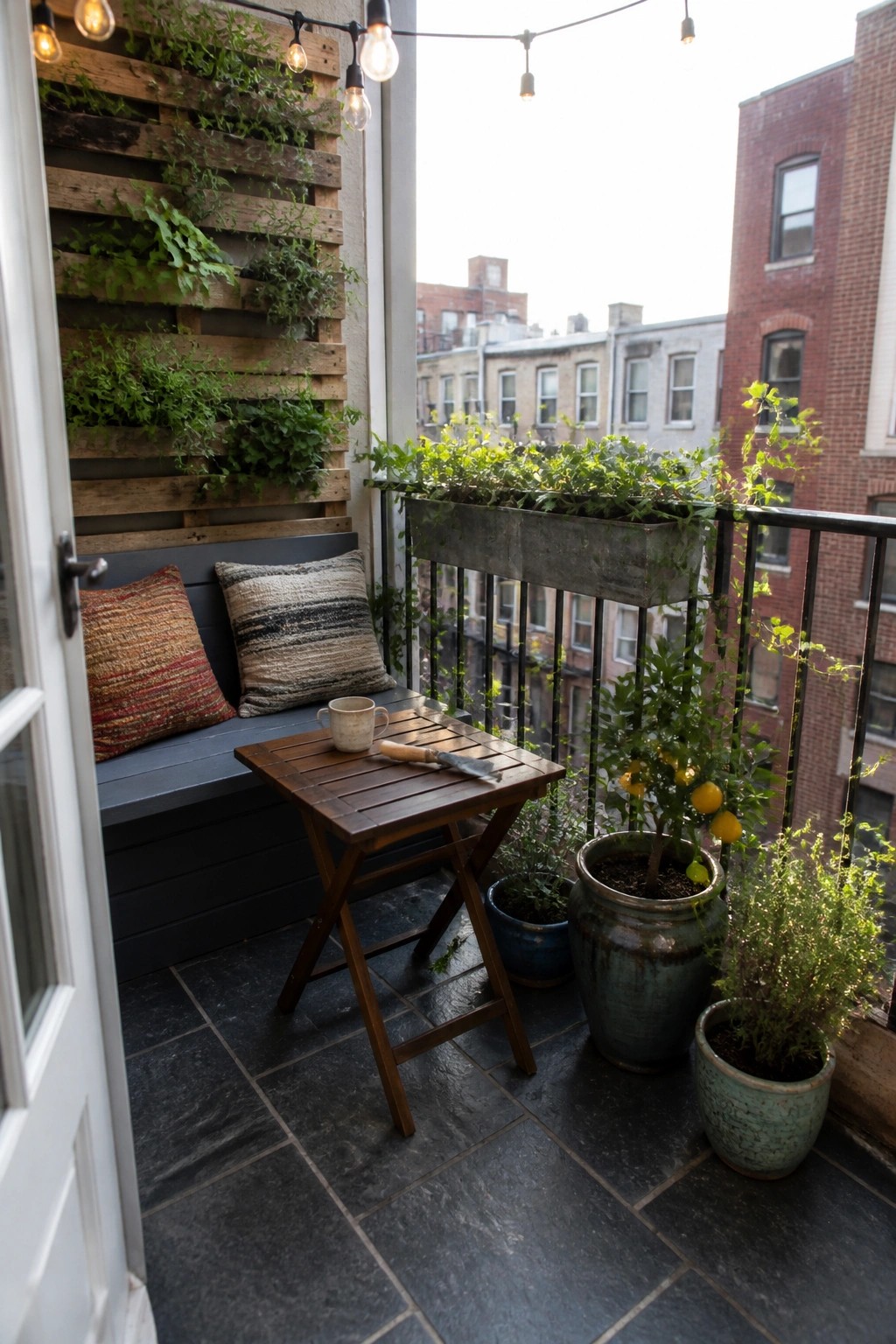 A compact urban balcony with dark tile flooring, a dark bench with pillows, a wooden pallet mounted on the wall holding green plants, a small wooden table, and several potted plants along the railing.