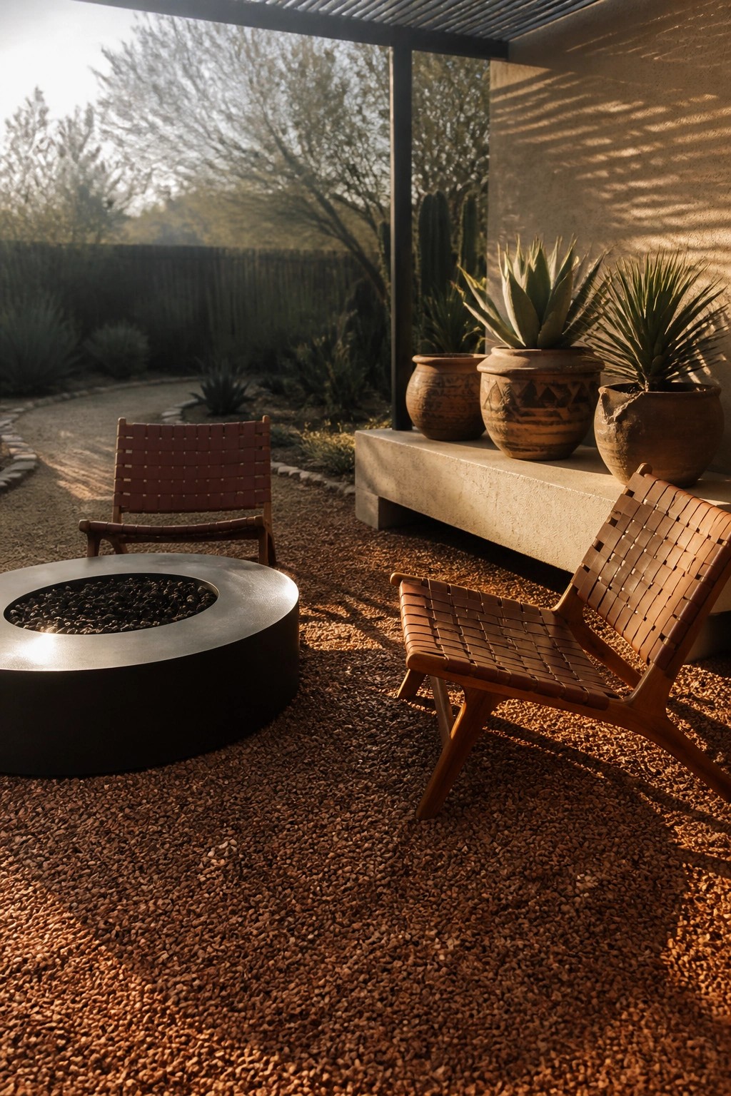 A backyard patio with pea gravel ground cover, a round metal fire pit, two woven leather chairs, and large clay pots along a concrete bench.