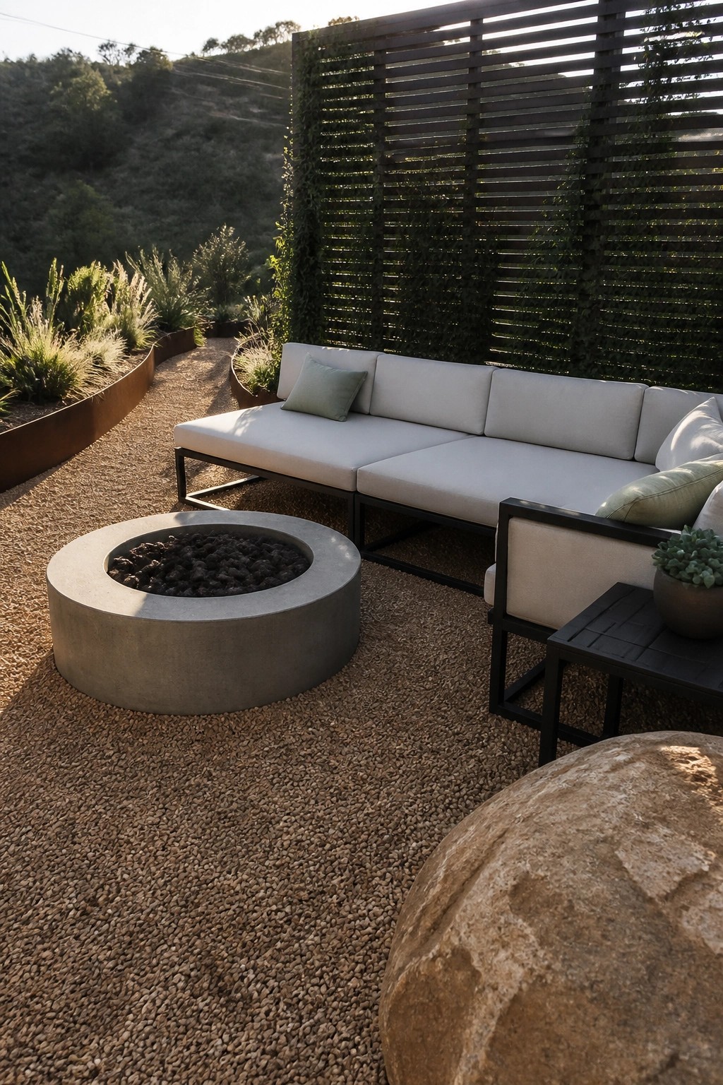 A pea gravel patio with a round concrete fire pit, light-colored outdoor sofa, and small side table set against a dark wooden privacy screen.