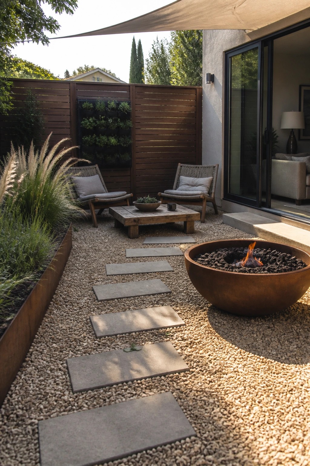 Backyard patio with pea gravel surface, stone paver path, large copper fire pit, two wicker chairs, and wooden coffee table beside a slatted fence with vertical garden.