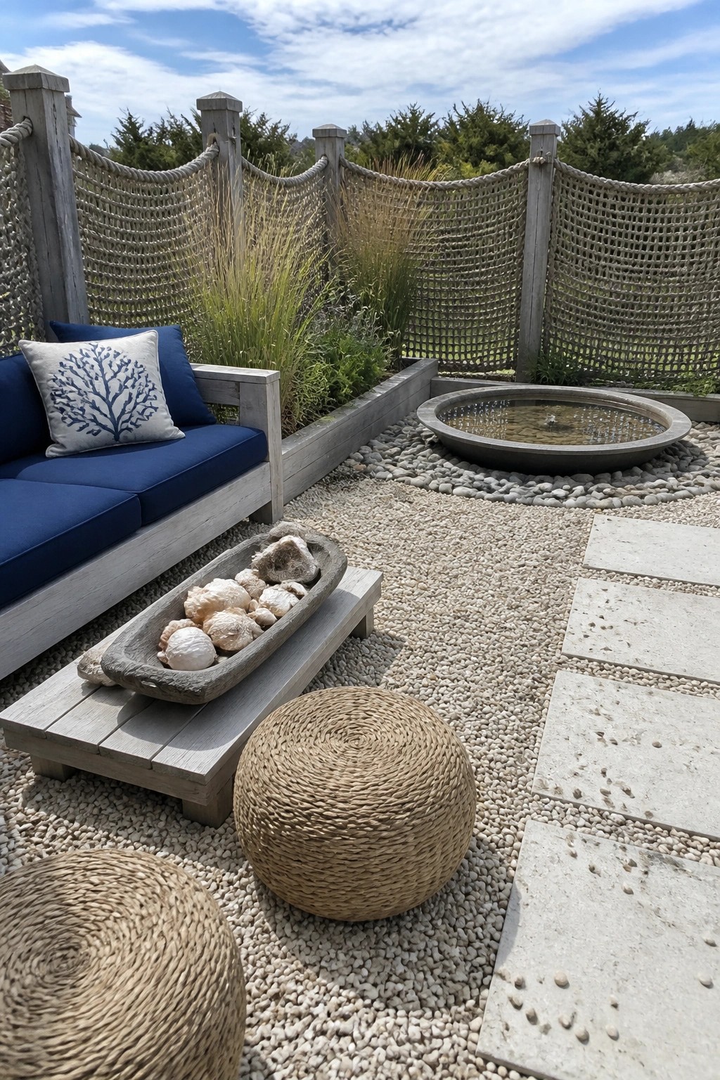 A pea gravel patio with a wooden bench, blue cushions, woven ottomans, a low table, stone pavers, and a round fountain.