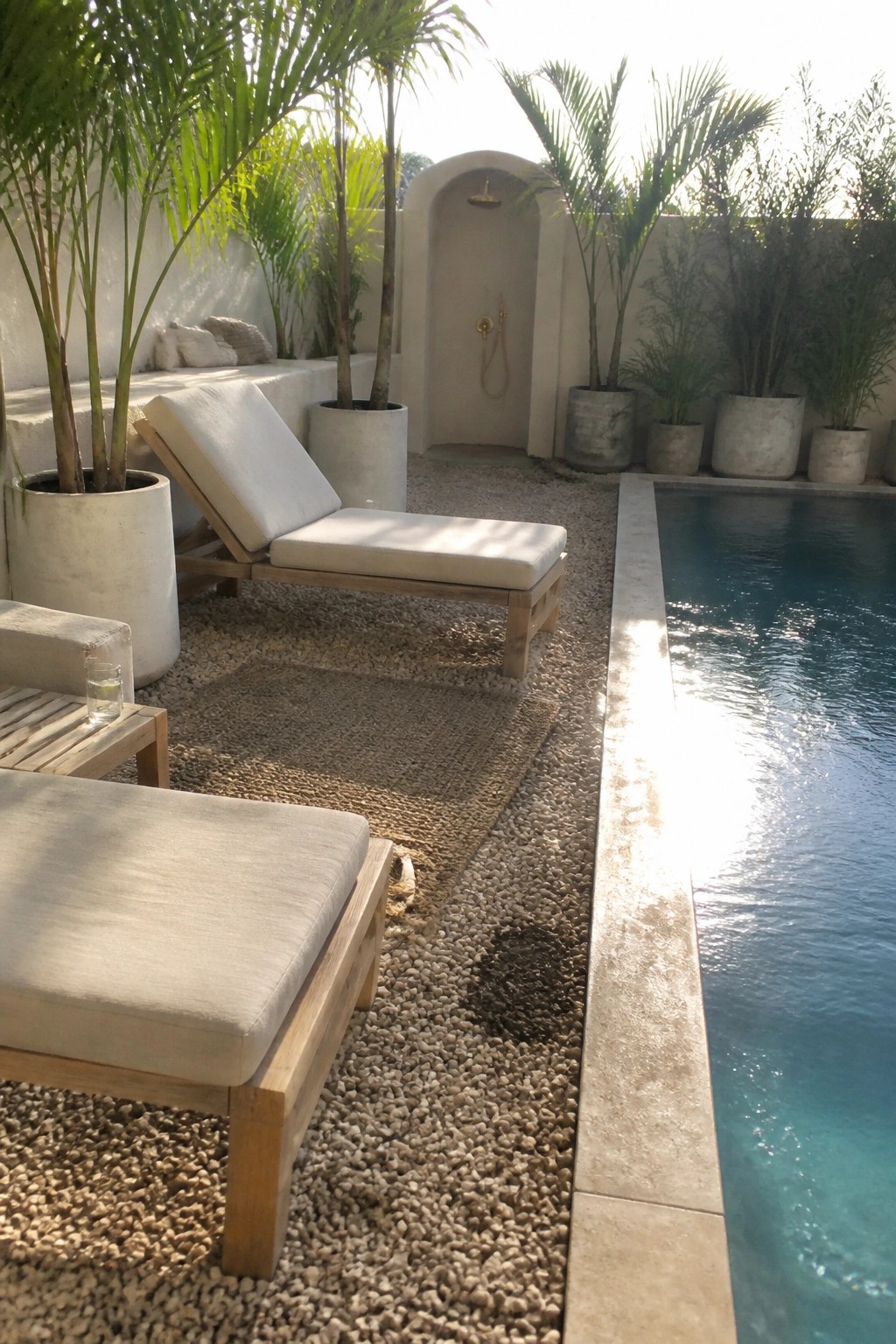 A backyard patio area covered in pea gravel with wooden lounge chairs, a swimming pool along one side, potted plants, and an outdoor shower against a white wall.