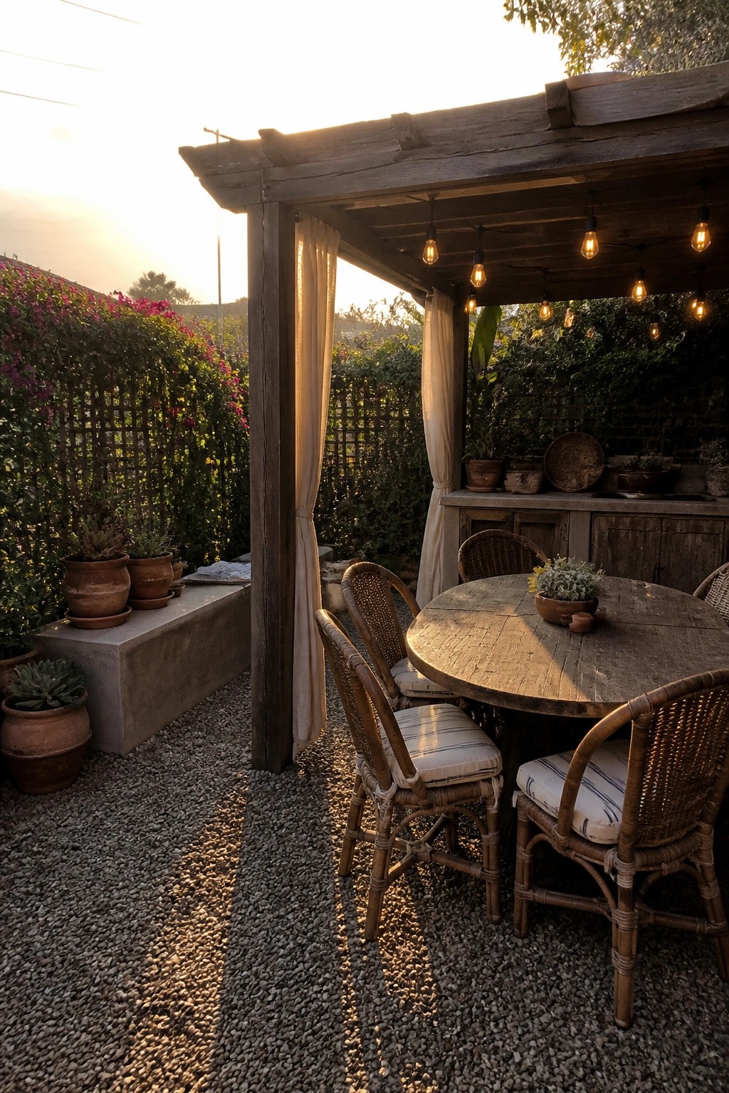 A wooden pergola with string lights over a round table and wicker chairs set on pea gravel in a garden patio with potted plants.