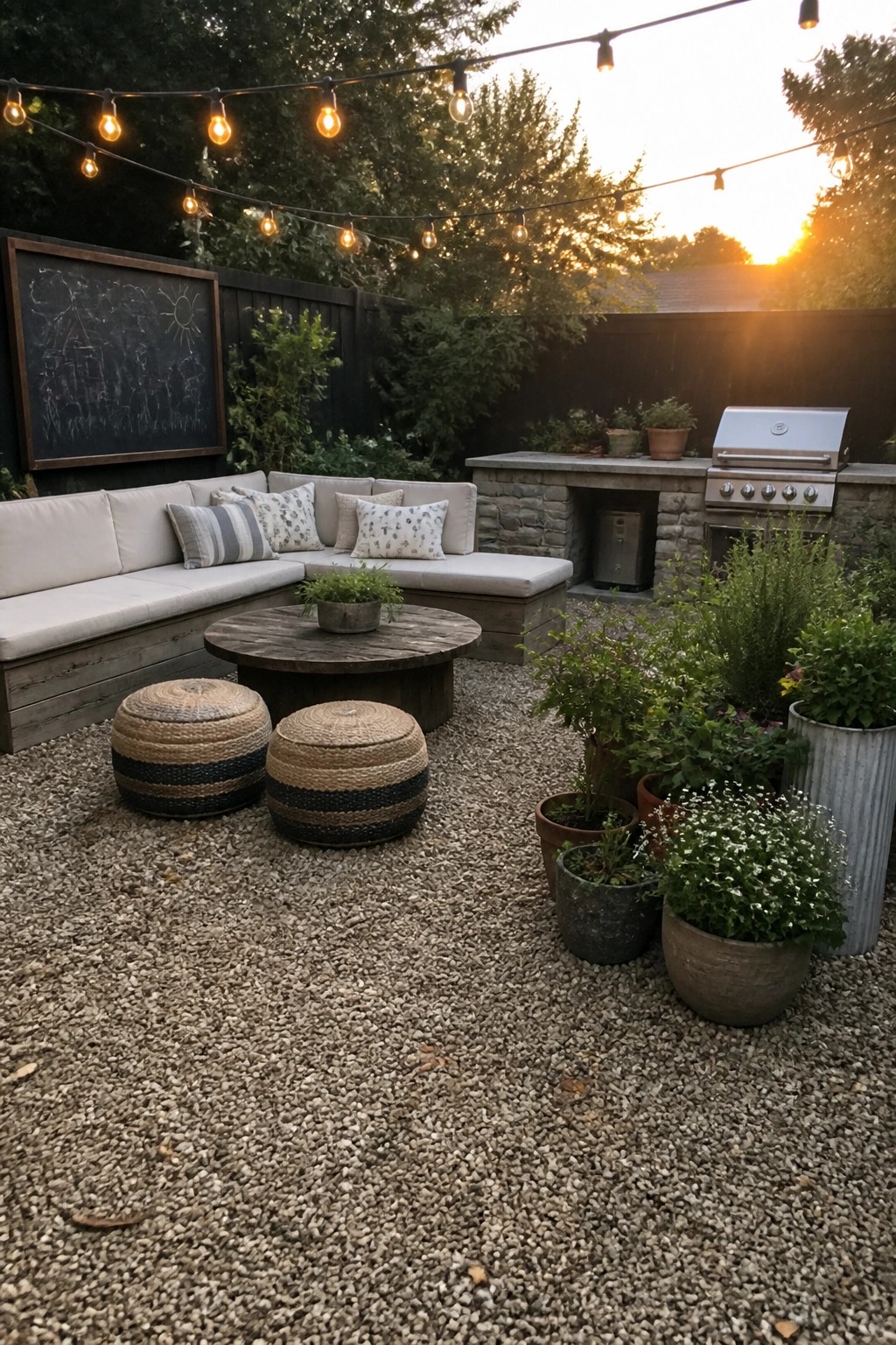 A backyard patio covered in pea gravel with an L-shaped wooden bench, round coffee table, two woven poufs, potted plants, and a built-in grill area.