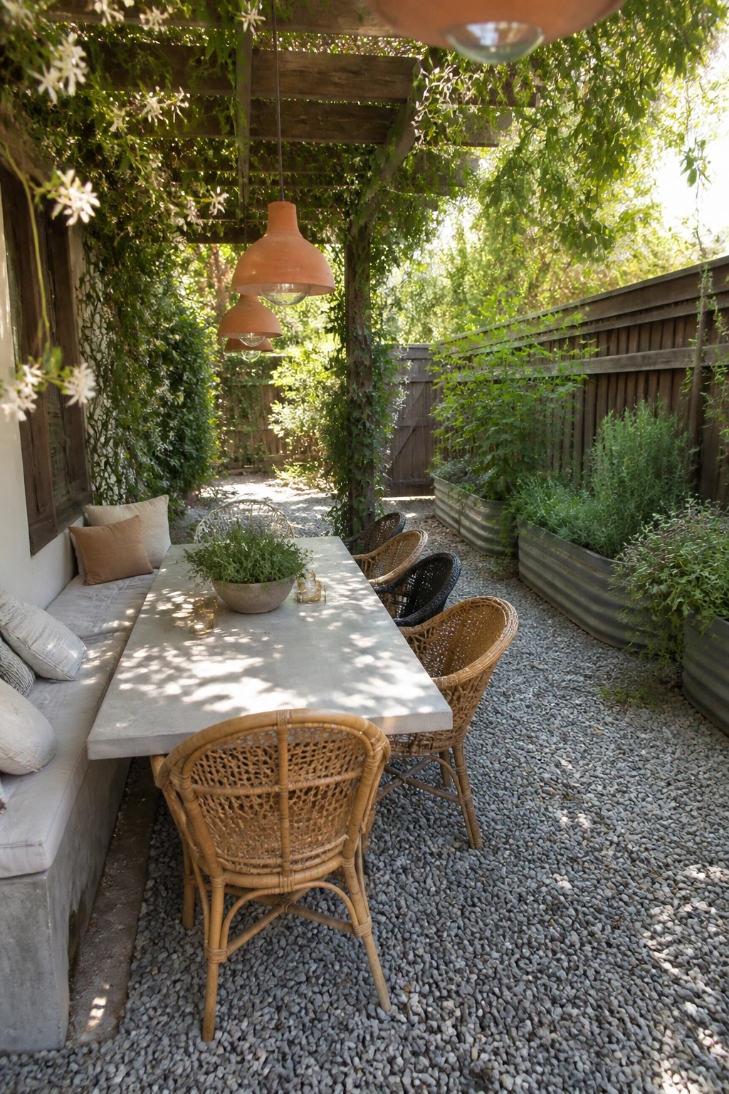 An outdoor dining area with a concrete table, woven chairs, and pea gravel covering the ground under a wooden pergola.