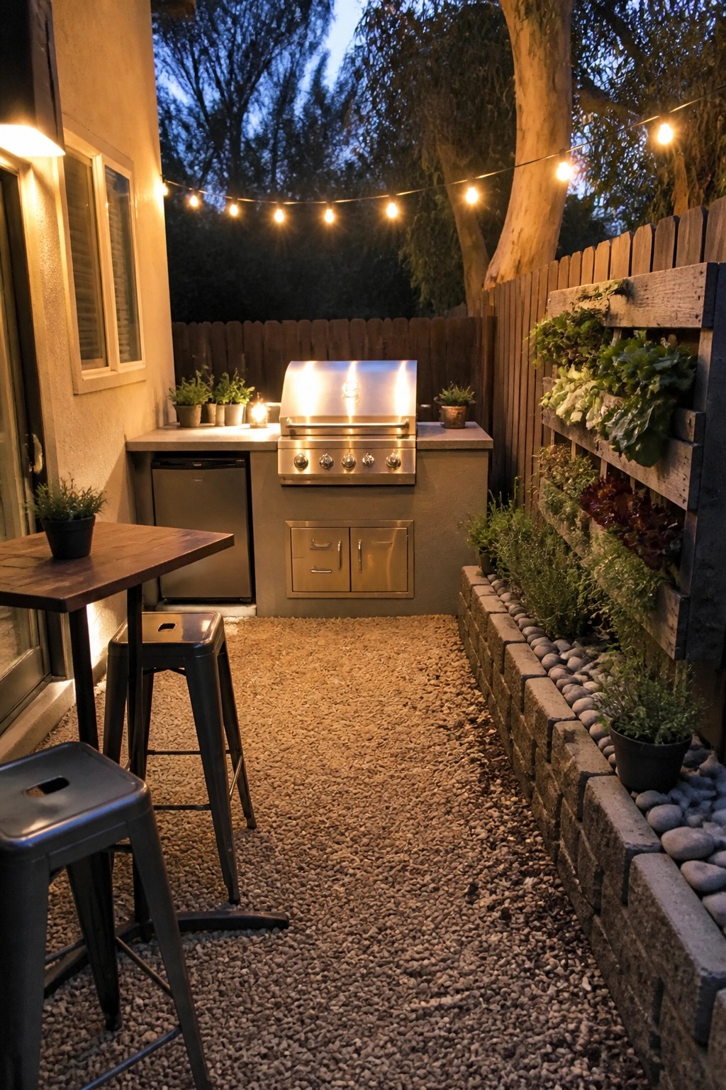 An outdoor patio area covered in pea gravel with a stainless steel grill, concrete counters, black metal stools at a wooden table, string lights overhead, and a vertical garden planter along a wooden fence.