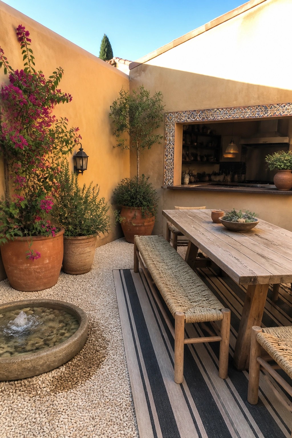 A backyard patio with a wooden dining table and benches on a striped rug over pea gravel, next to a small stone fountain and potted plants.
